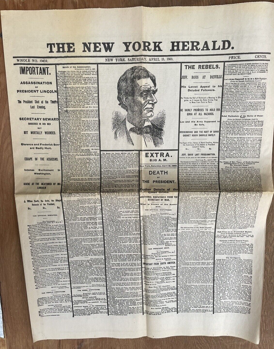 Reprint Planographic , New York Herald April, 15, 1865, Abraham Lincoln