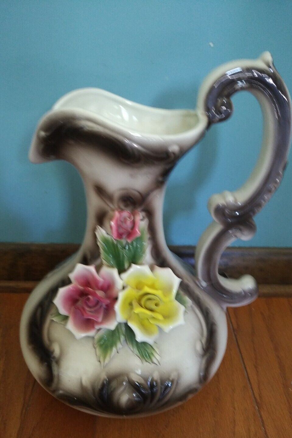 Large Vintage CAPODIMONTE Italy Hand Painted Pitcher Vase Ewer Applied Roses