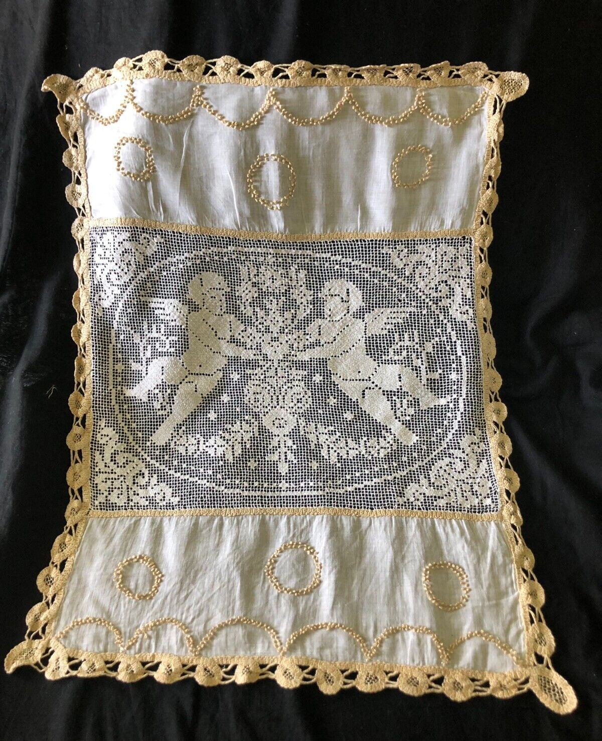Antique French Lawn Cotton Gold Silk Thread Hand Lace Linen Filet Cherubs c1870s