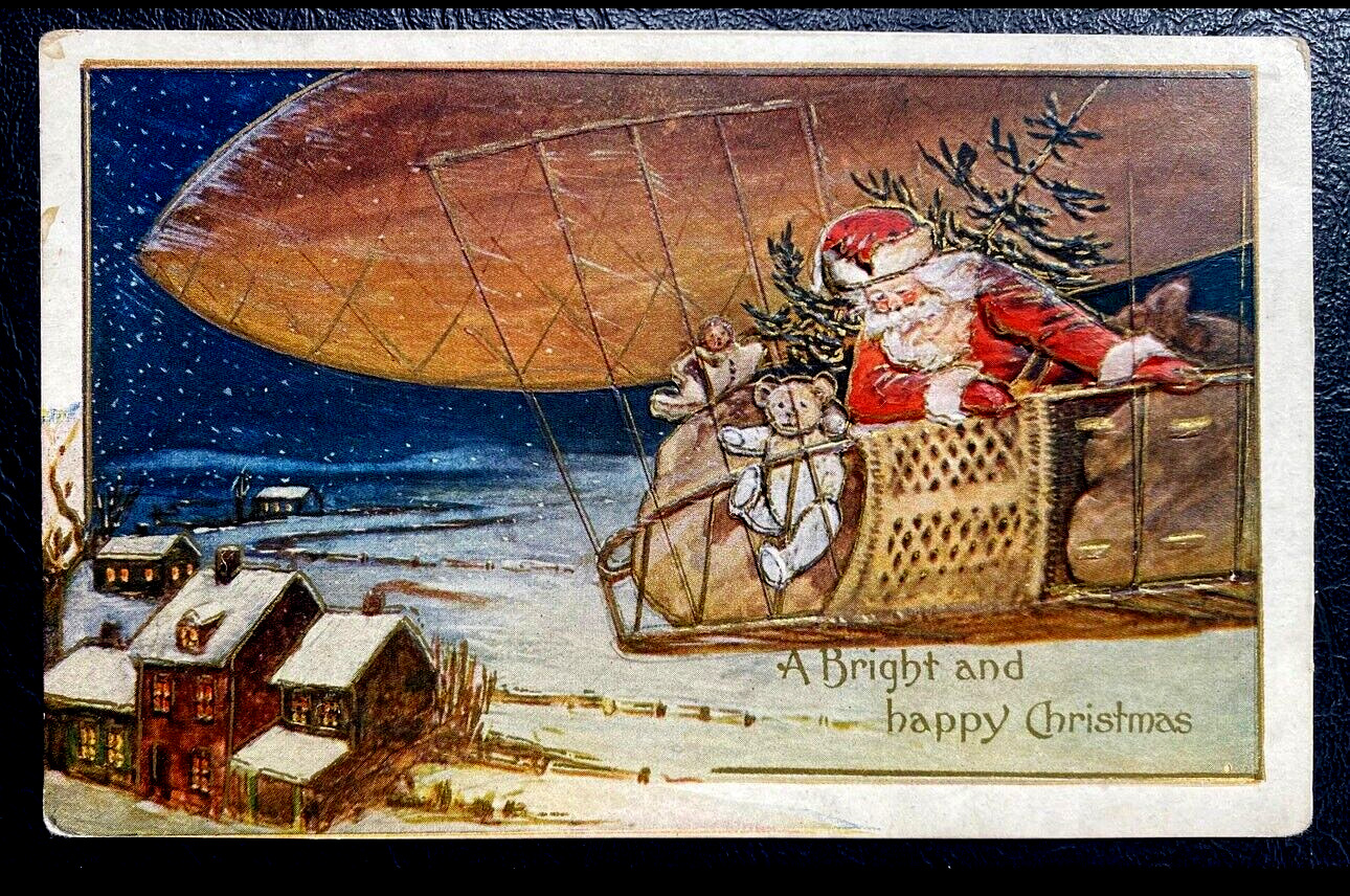 Santa Claus in Zeppelin Dirigible Blimp City Scene ~Toys Christmas Postcard-k276