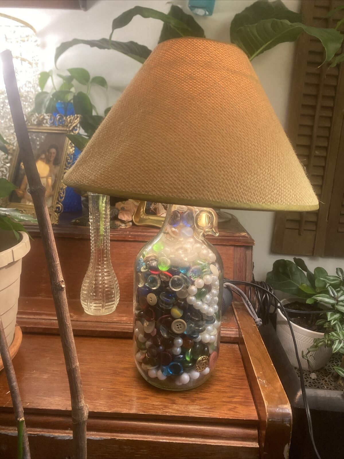 Clear Jug Lamp With Marbles, Beads, Buttons & Rocks-Medium Sized Lamp