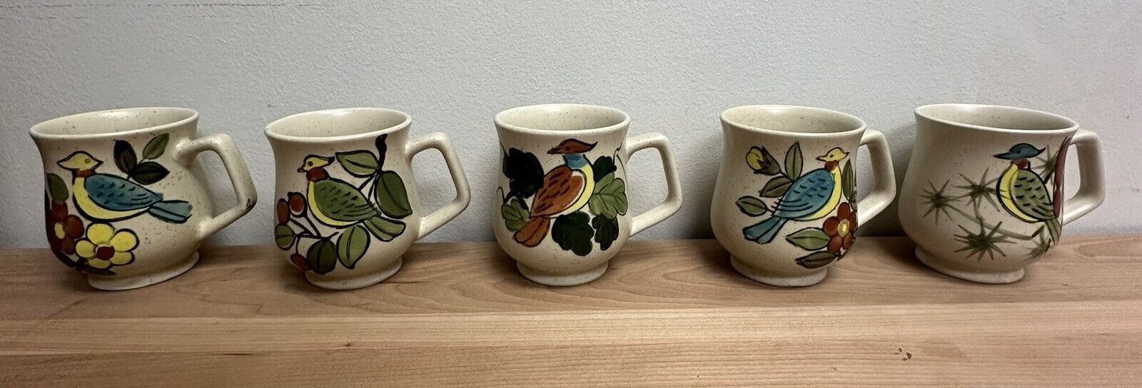 Set 5 Vintage Otagari Coffee Mug Cup Bird Flowers Speckled Stoneware Hand Paint