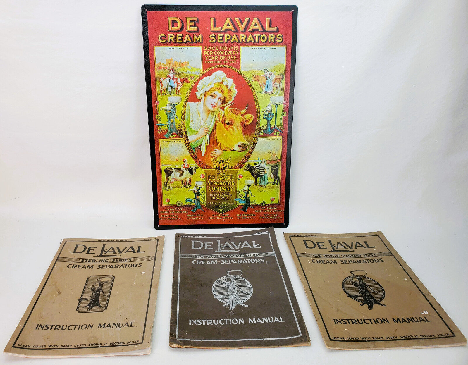 3 Vintage De Laval Cream Separators Instruction Manual & Tin Sign Lot Farm Decor