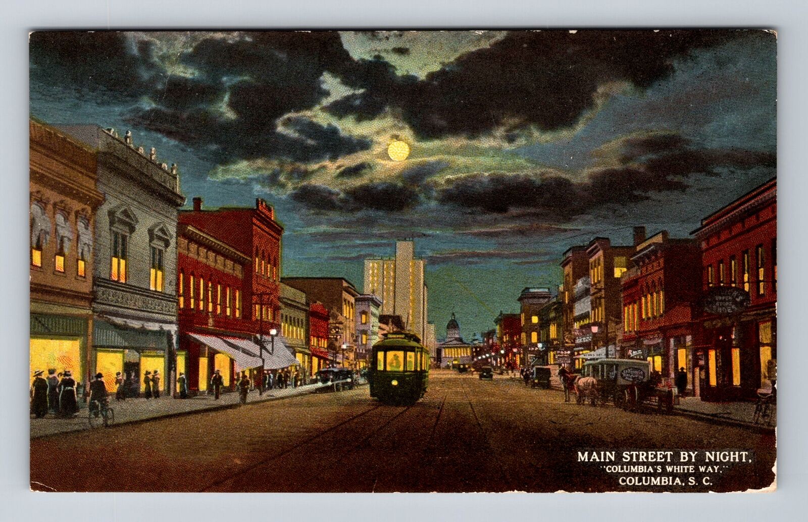 Columbia SC-South Carolina, Main Street By Night, Advertise, Vintage Postcard