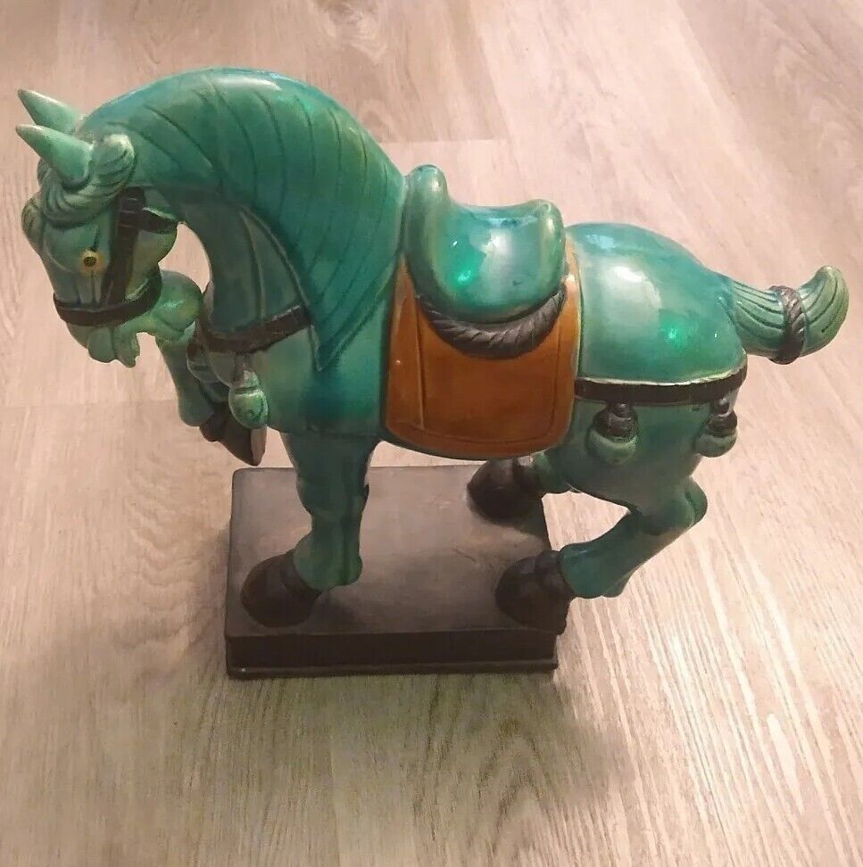 Stunning Asian Handpainted Glaze Turquoise Horse Ceramic Statue *broken