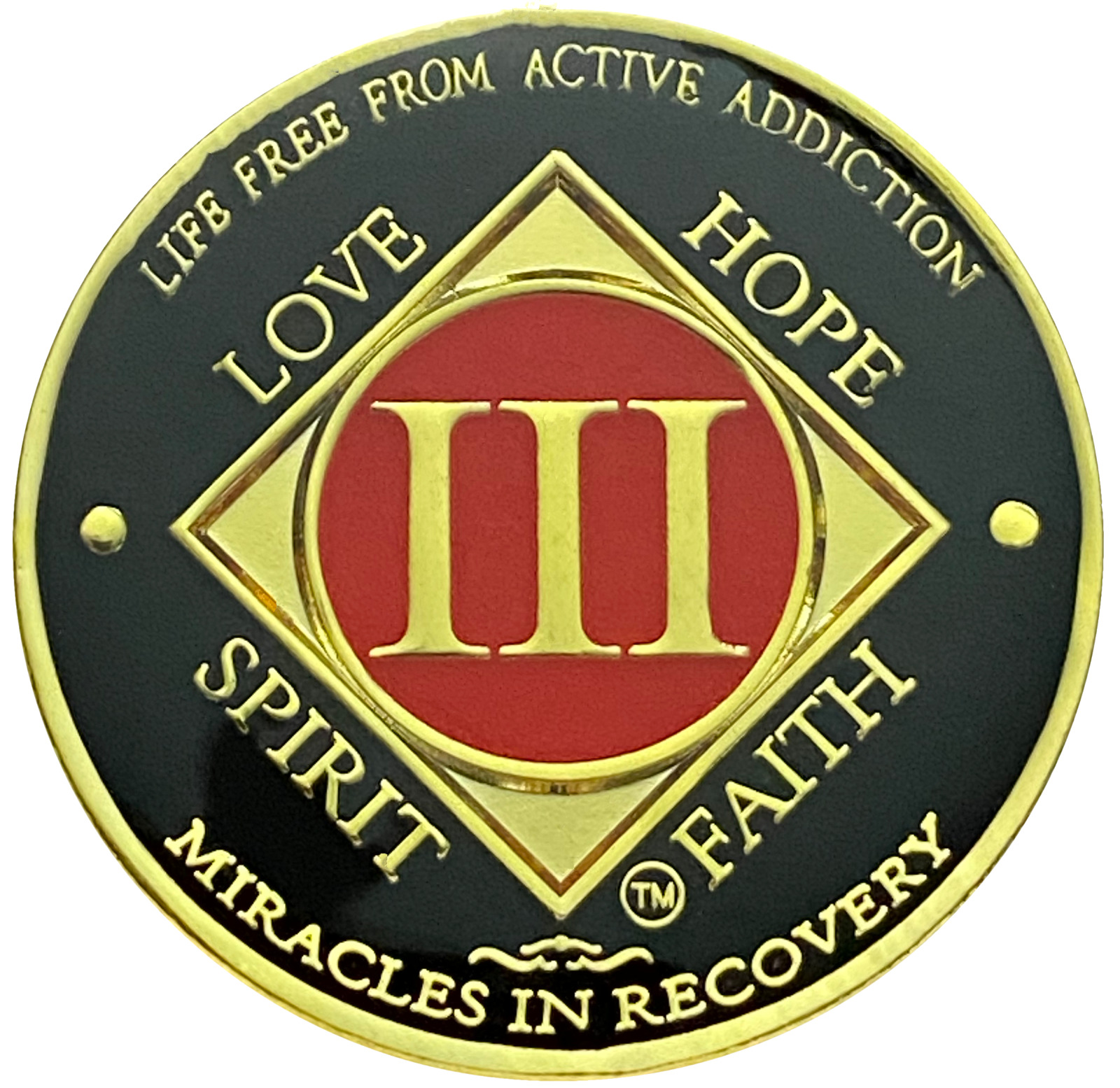 NA 3 Year Coin, Gold Color Plated Medallion, Narcotics Anonymous Coin