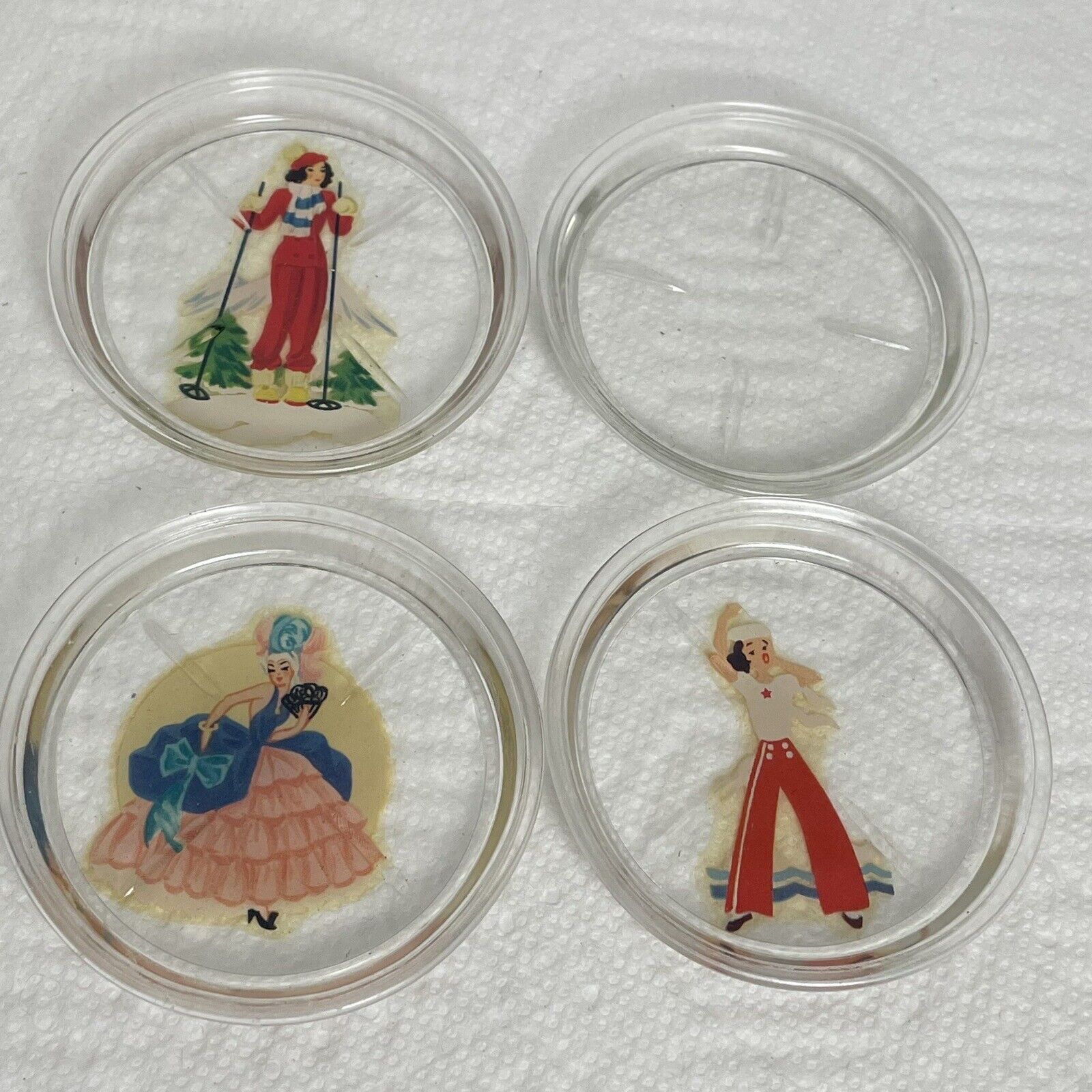 1939 New York World\'s Fair Glass Souvenir Coasters Set of 4 Women Sail Dance Ski