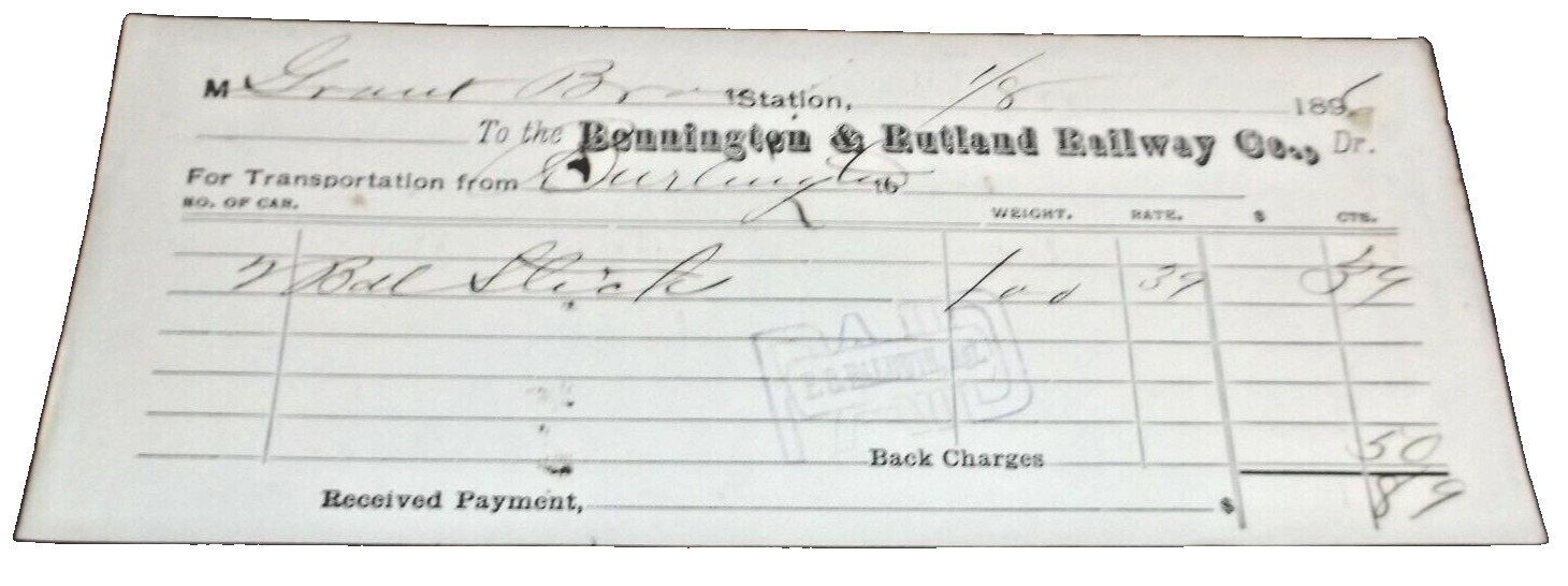 JANUARY 1896 BENNINGTON & RUTLAND BURLINGTON VERMONT FREIGHT BILL