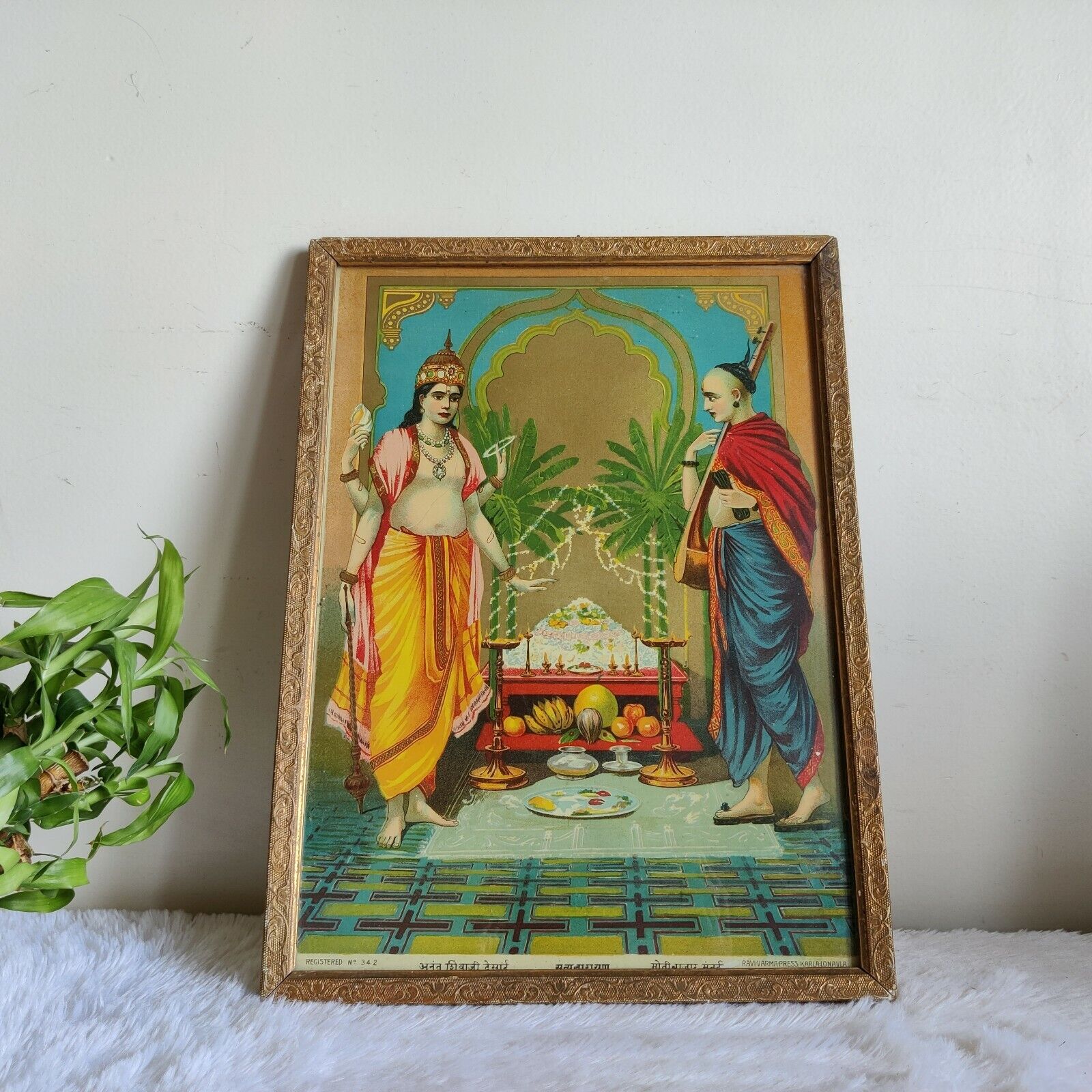 Antique Raja Ravi Varma Lithograph Print Of Satyanarayan Original Frame PR180