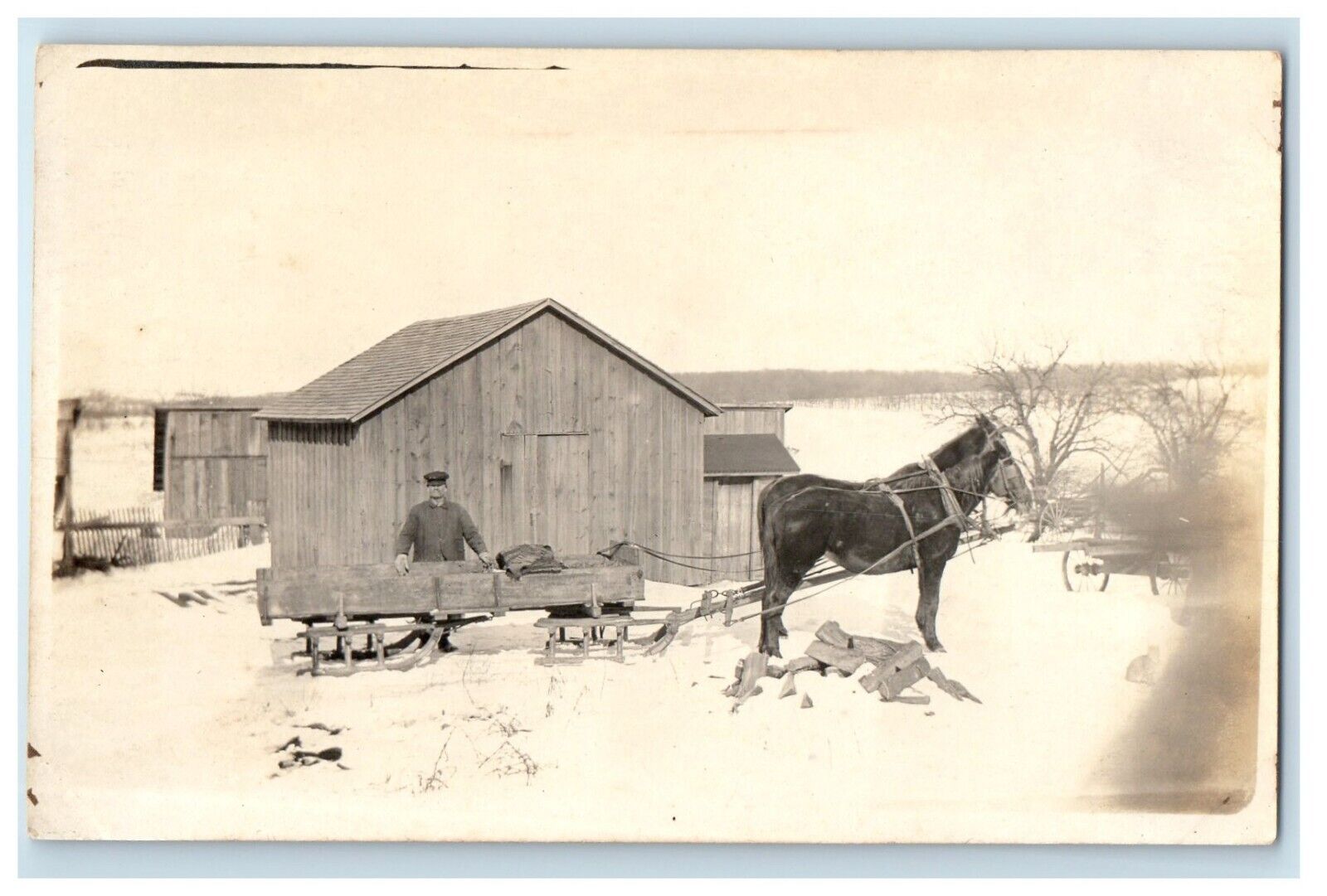 c1920's Horse Sled Wagon Snow Barn Farm Farmer RPPC Unposted Photo Postcard