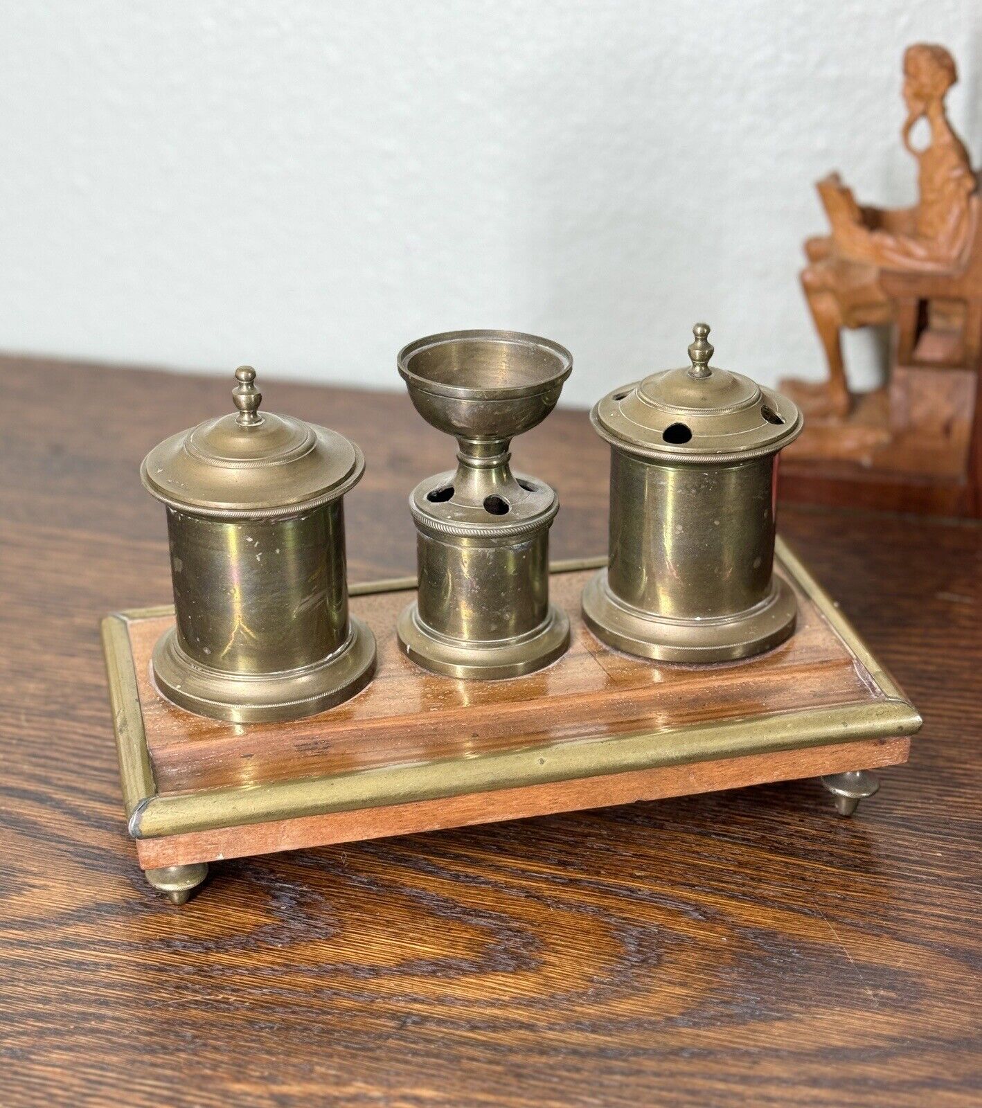 Antique English Brass Desk Set Inkwell