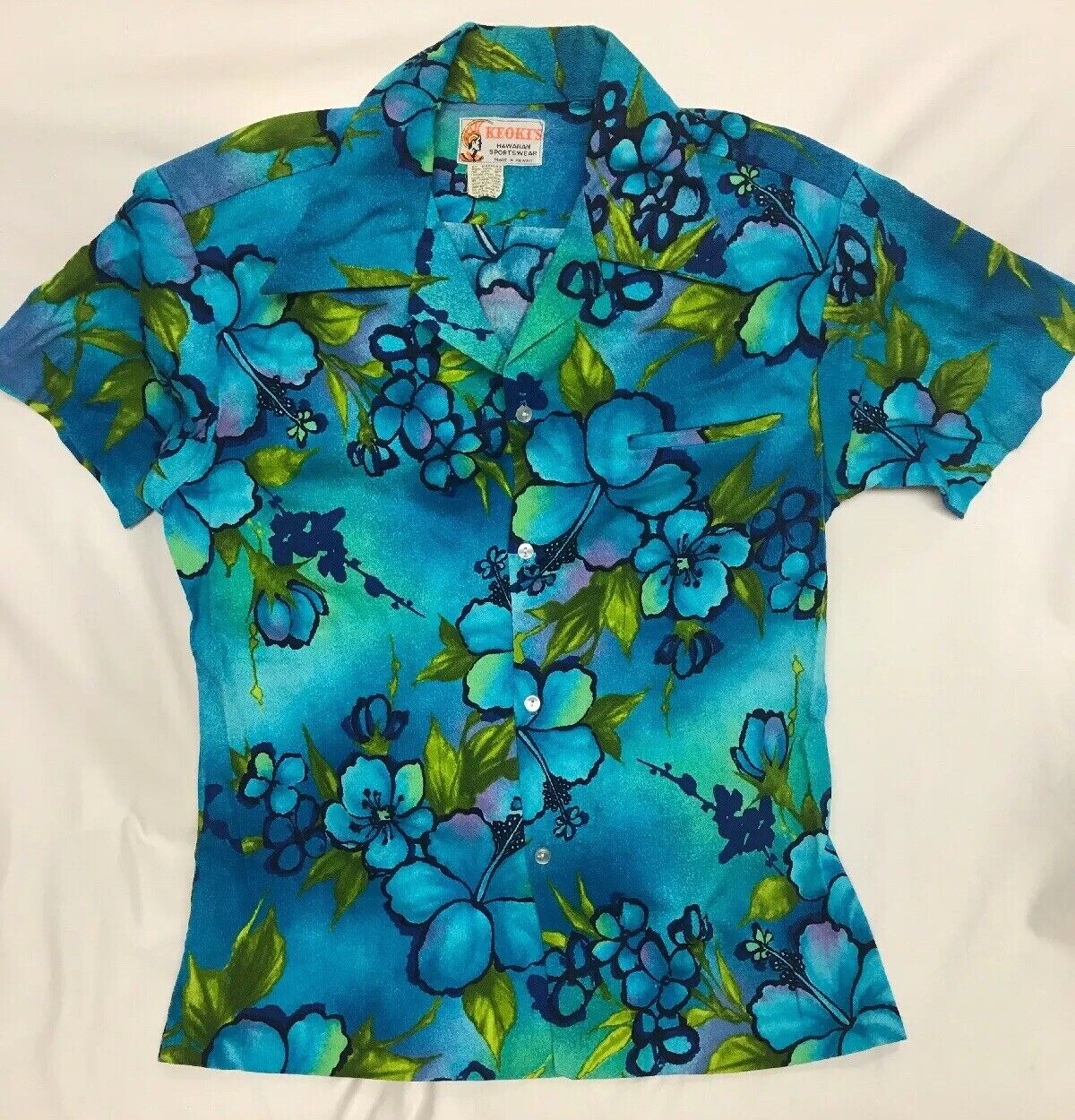 Keoki’s Sportswear Men's M/L Vintage Hawaiian Shirt Hibiscus Aloha Barkcloth