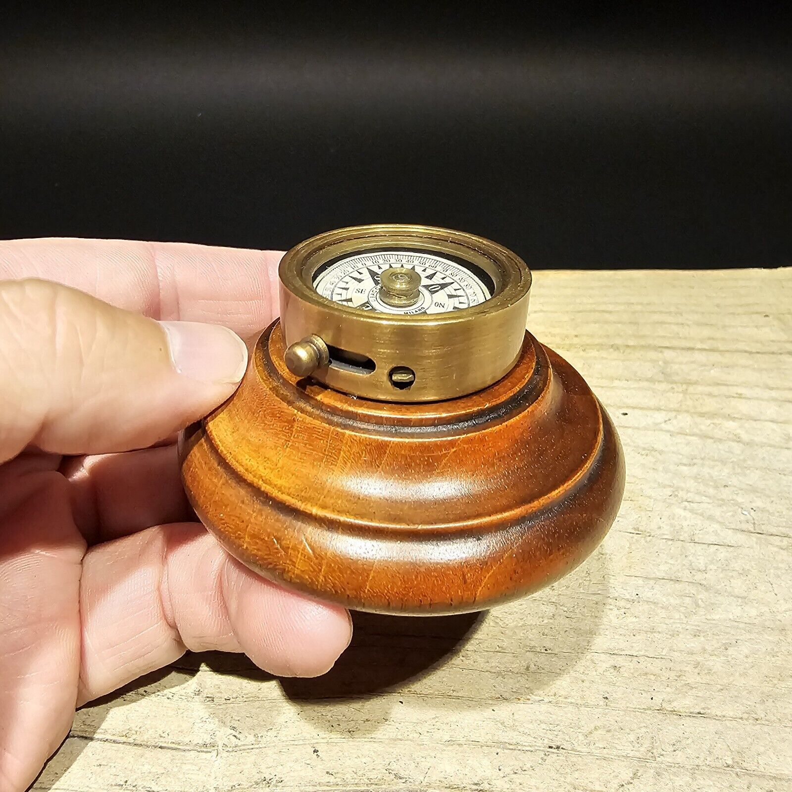Antique Style Turned Mahagony Wood and Brass Compass