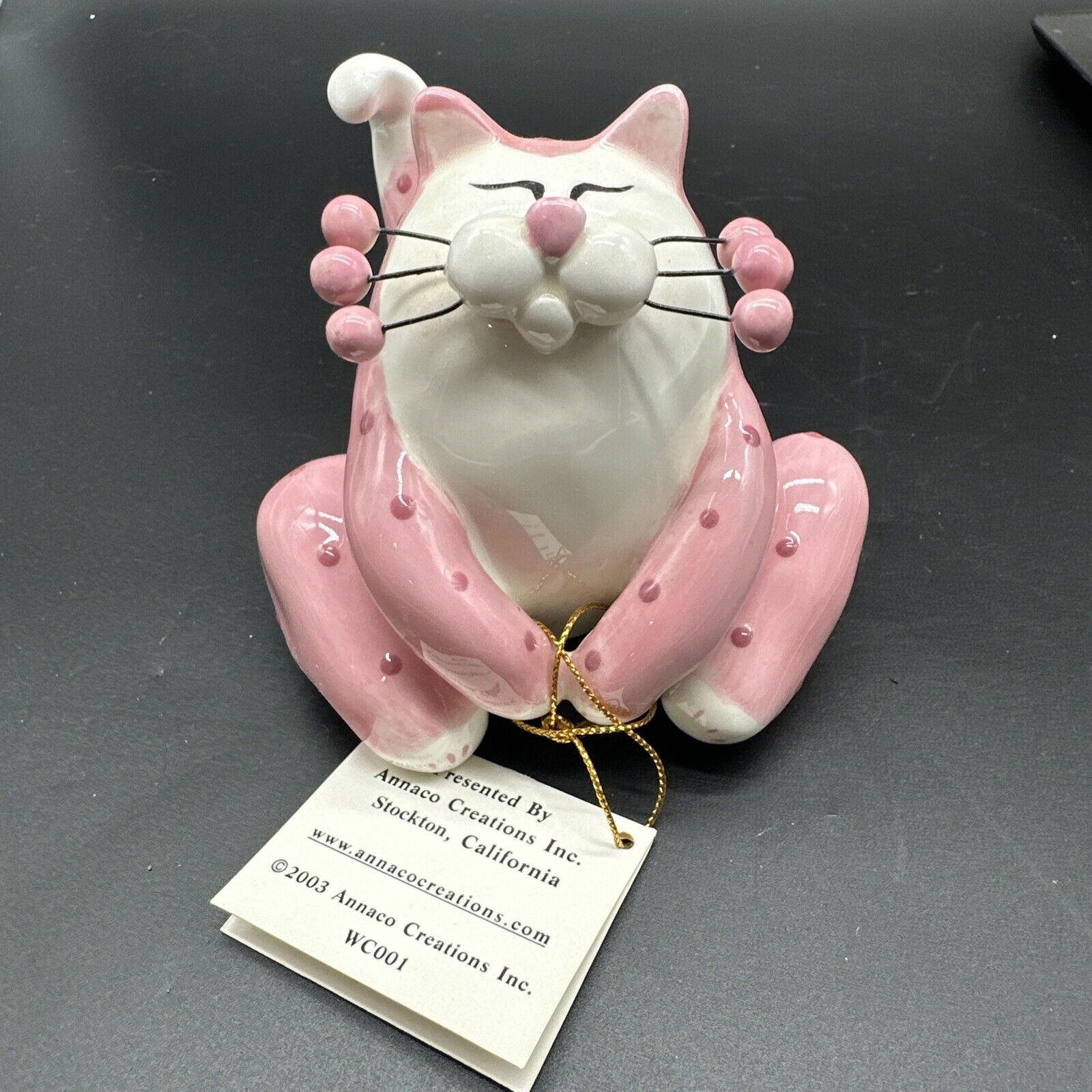 Amy Lacombe 2003 Whimsiclay Pink Polka Dot Cat Kitten Figurine Annaco