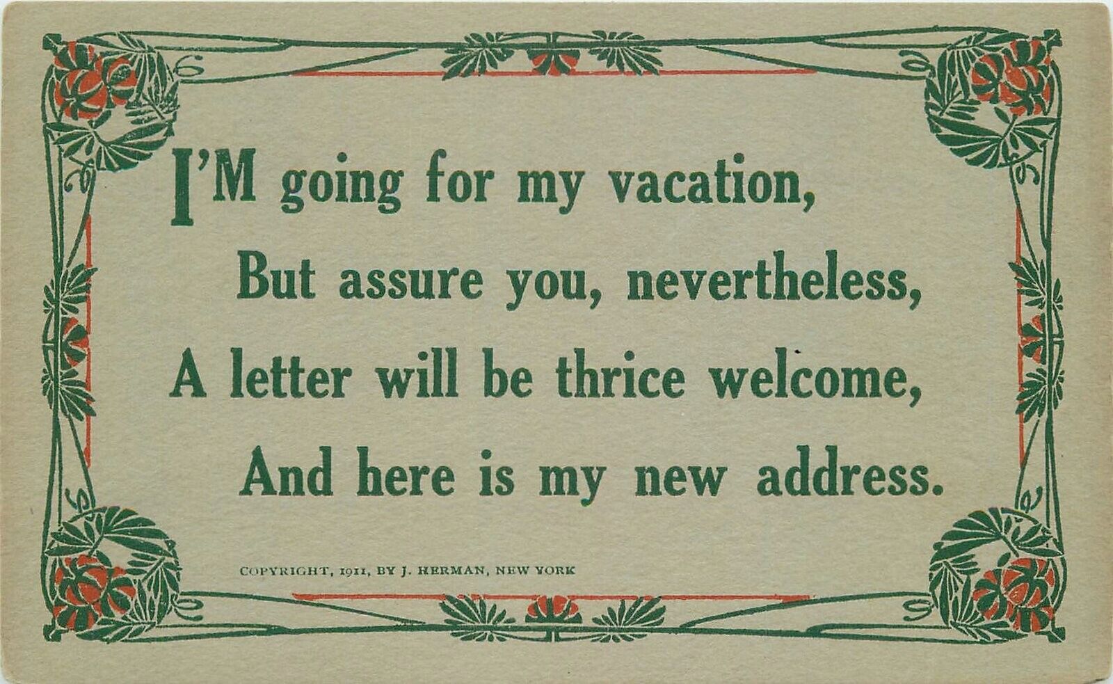 Postcard Arts & Crafts Vacation saying 1911 Herman 23-10289