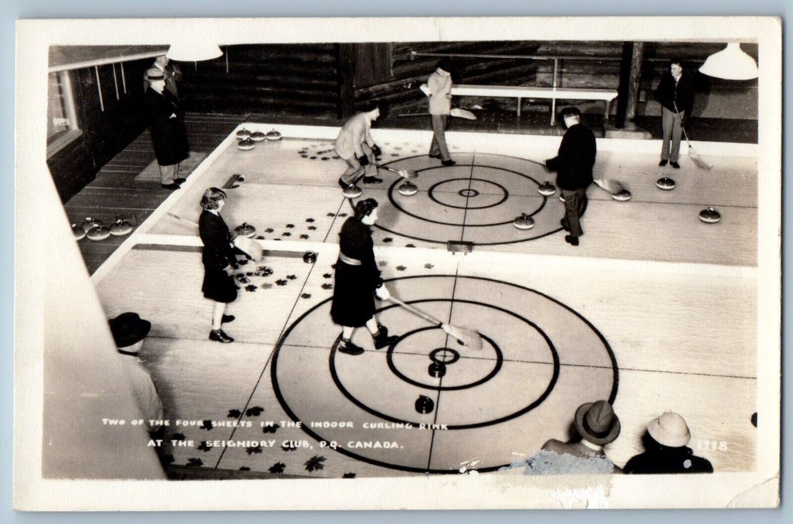 c1940s Indoor Curling Rink Seignedry Club Quebec Canada RPPC Photo Postcard