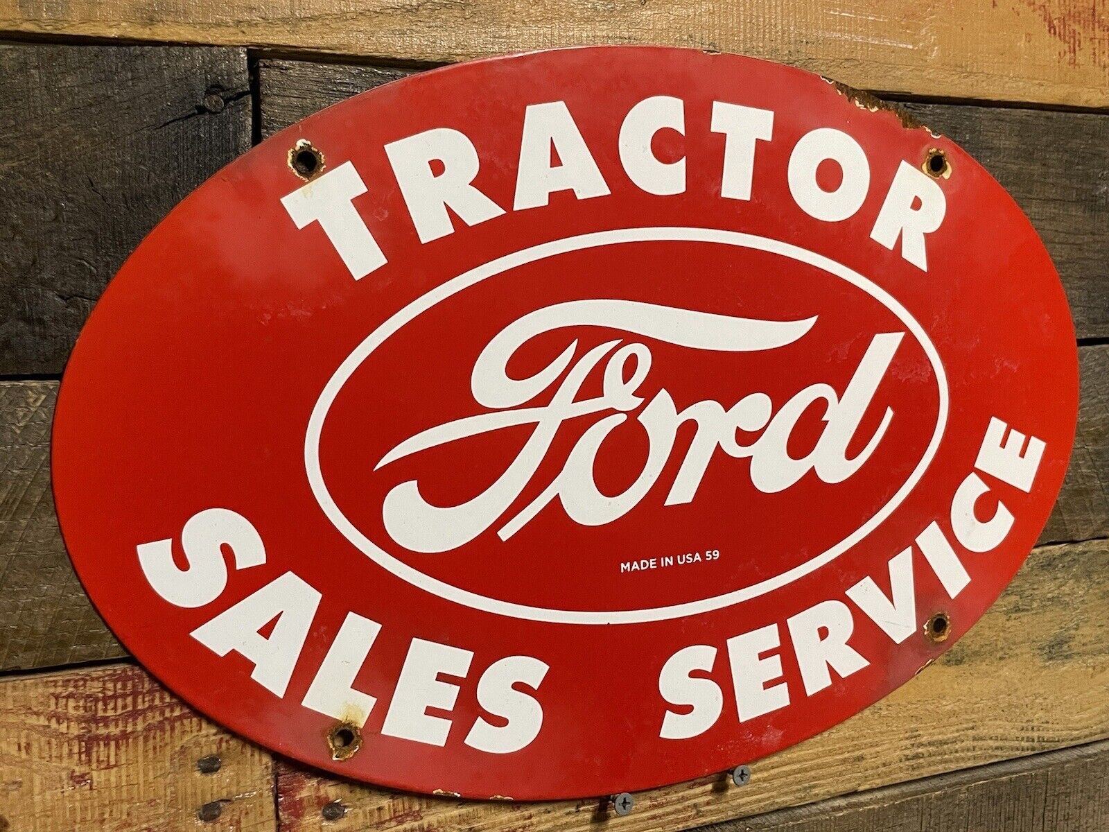 VINTAGE 1959 FORD TRACTOR PORCELAIN SIGN RED OVAL FARM EQUIPMENT GAS ADVERTISING