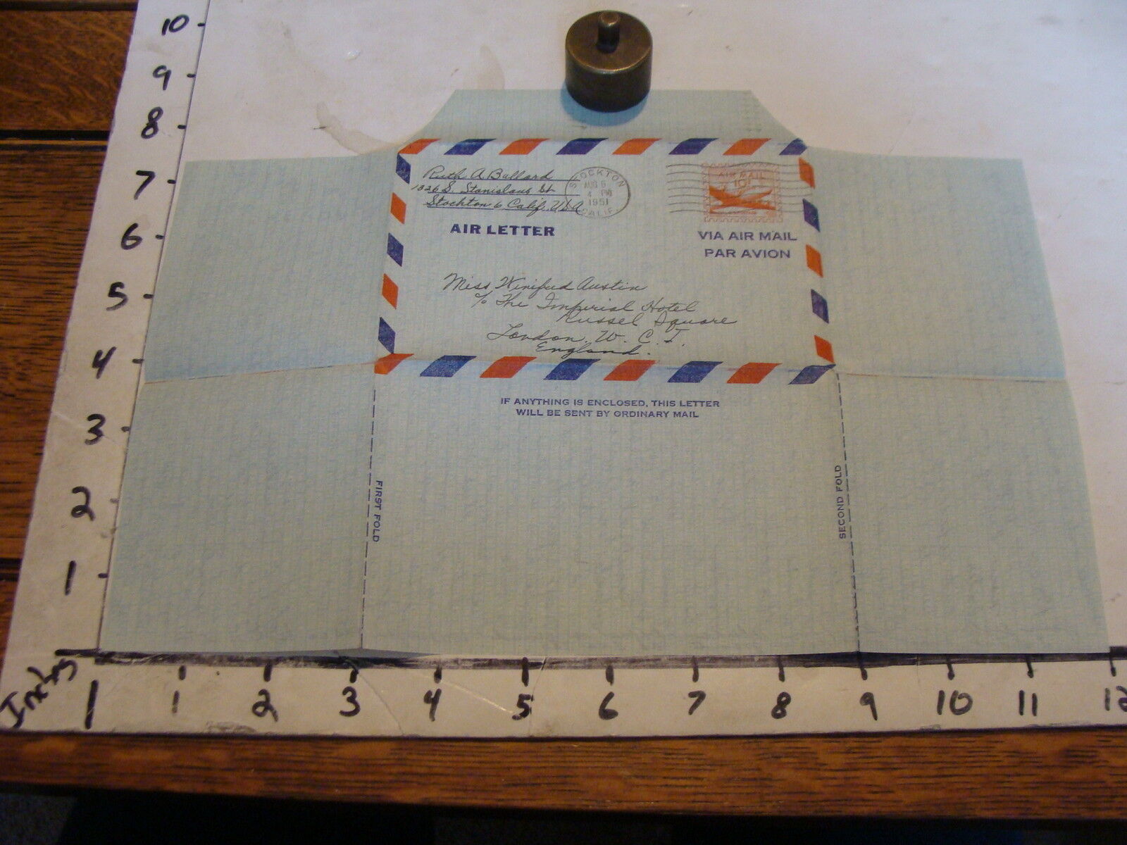 1951 TRAVEL paper: Neat Envelope/letter in one, from California to London