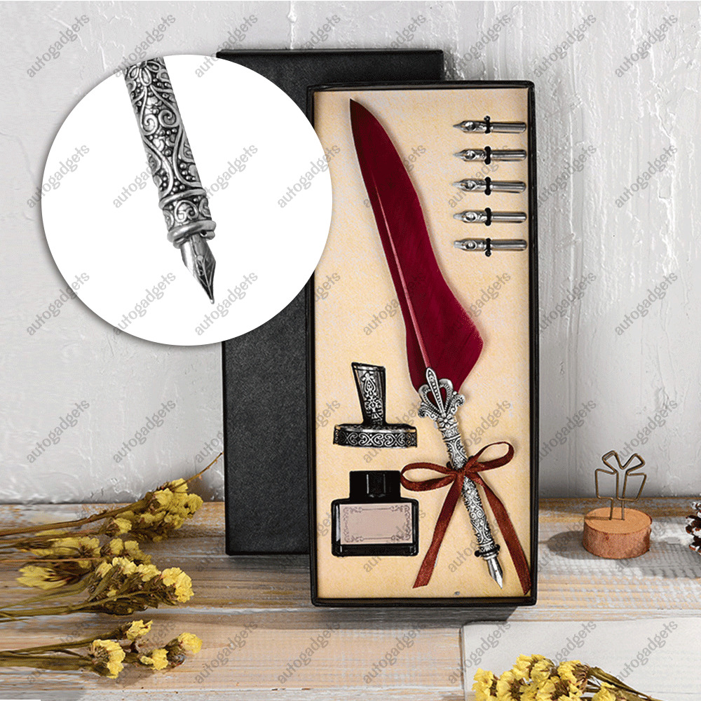 Feather Pen Calligraphy Dip Pen Set For Writing Drawing Gift Box with 5 Nibs