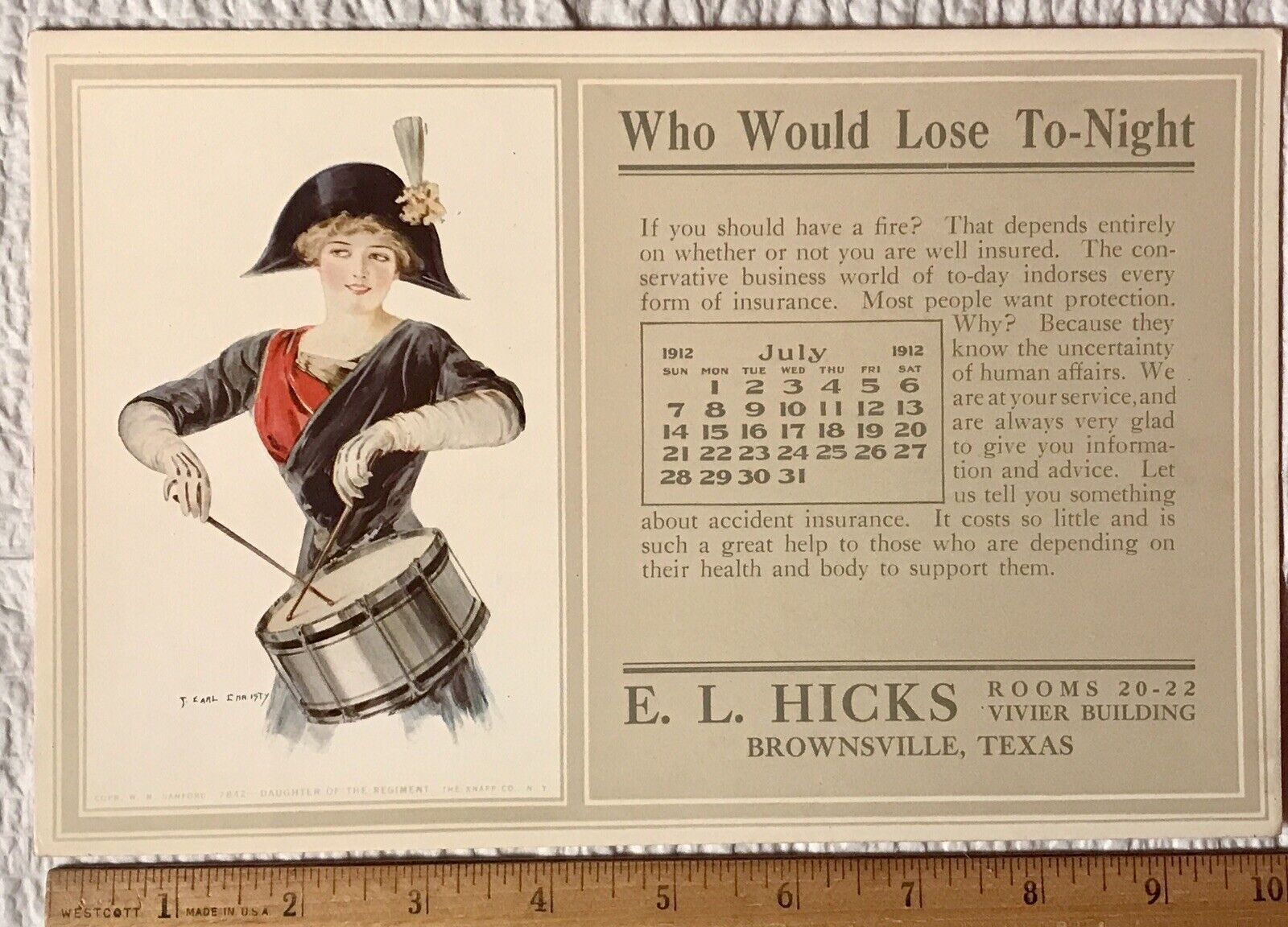 Exquisite 1912 Earl Christy Sample Calendar, For E.L. Hicks, Brownsville, Texas