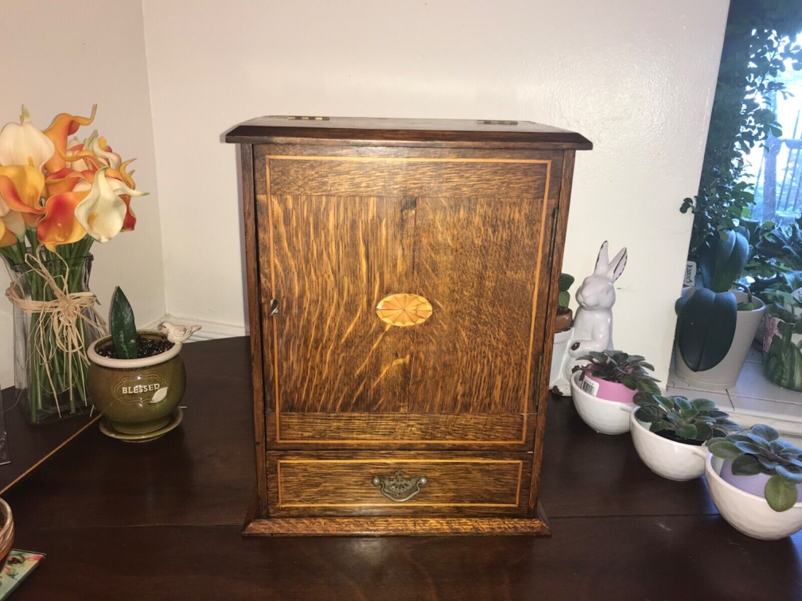 Antique English Inlaid Tiger Oak Pipe Smoke Cabinet Game Box Humidor, circa 1900
