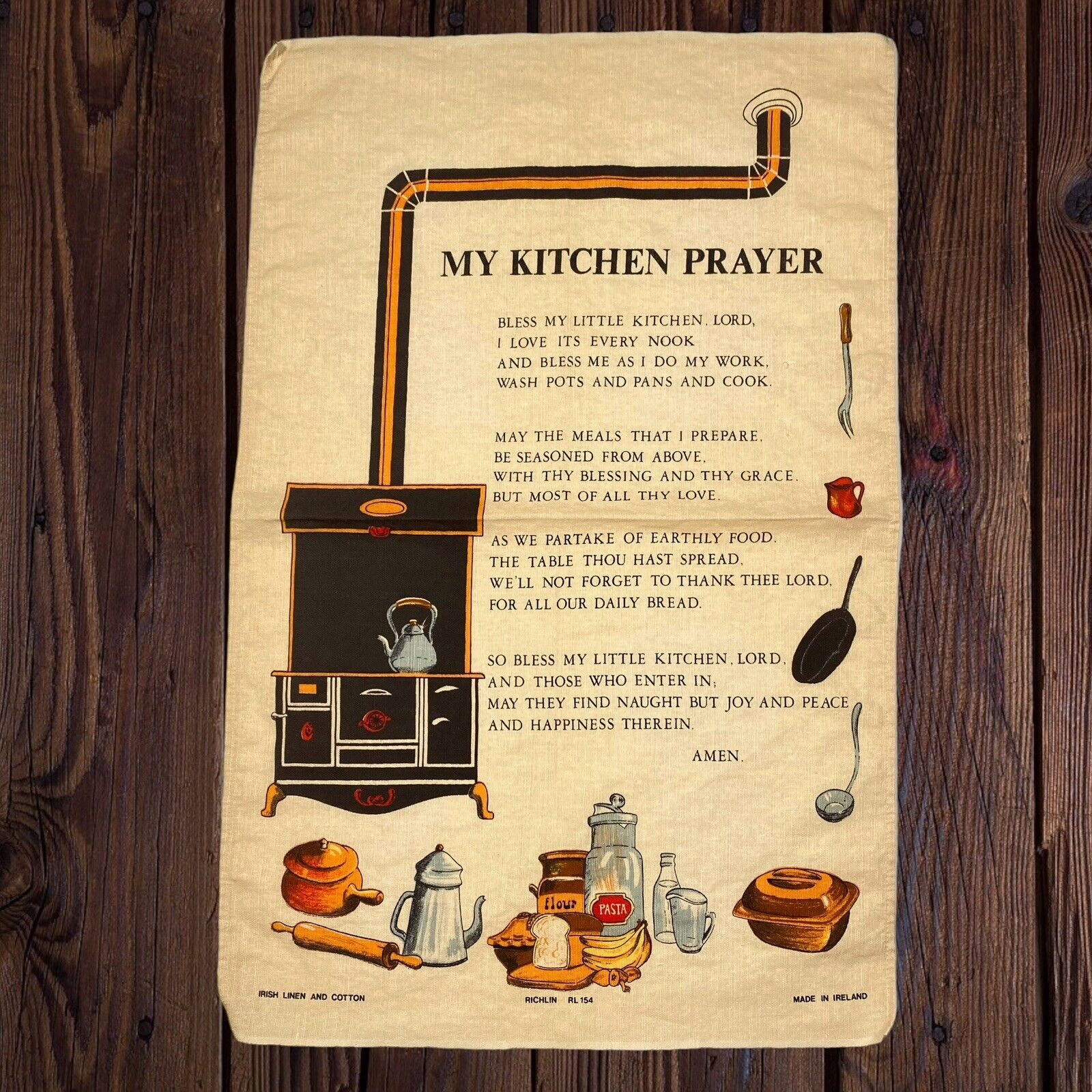 My Kitchen Prayer Vintage Tea Towel Brown Irish Linen Cotton Dish Cloth  Richlin