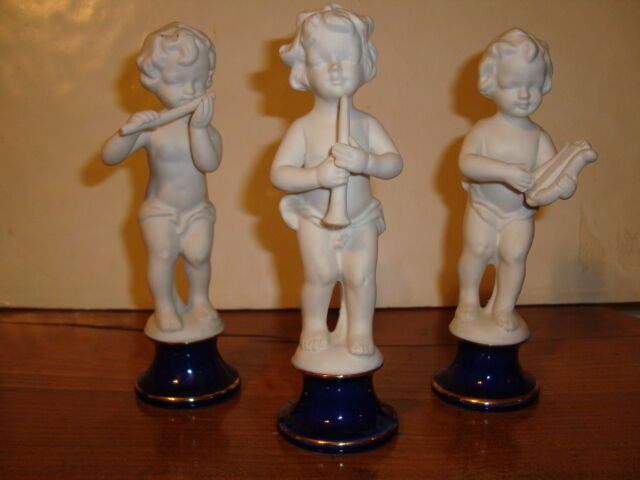 Set of 3 French cherubs with musical instruments made of bisque porcelain, h-6.5