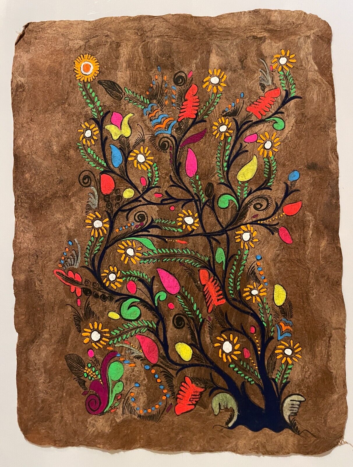 Vintage Mid-60’s Colorful Mexican Folk Art Painting on Amate Tree Bark Parchment