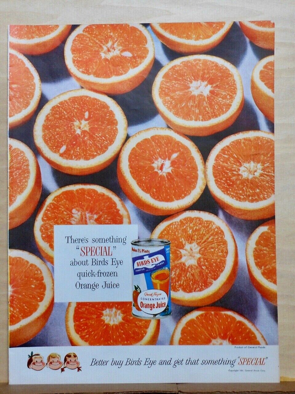 1954 magazine ad for Birds Eye Orange Juice - Something Special, oranges galore