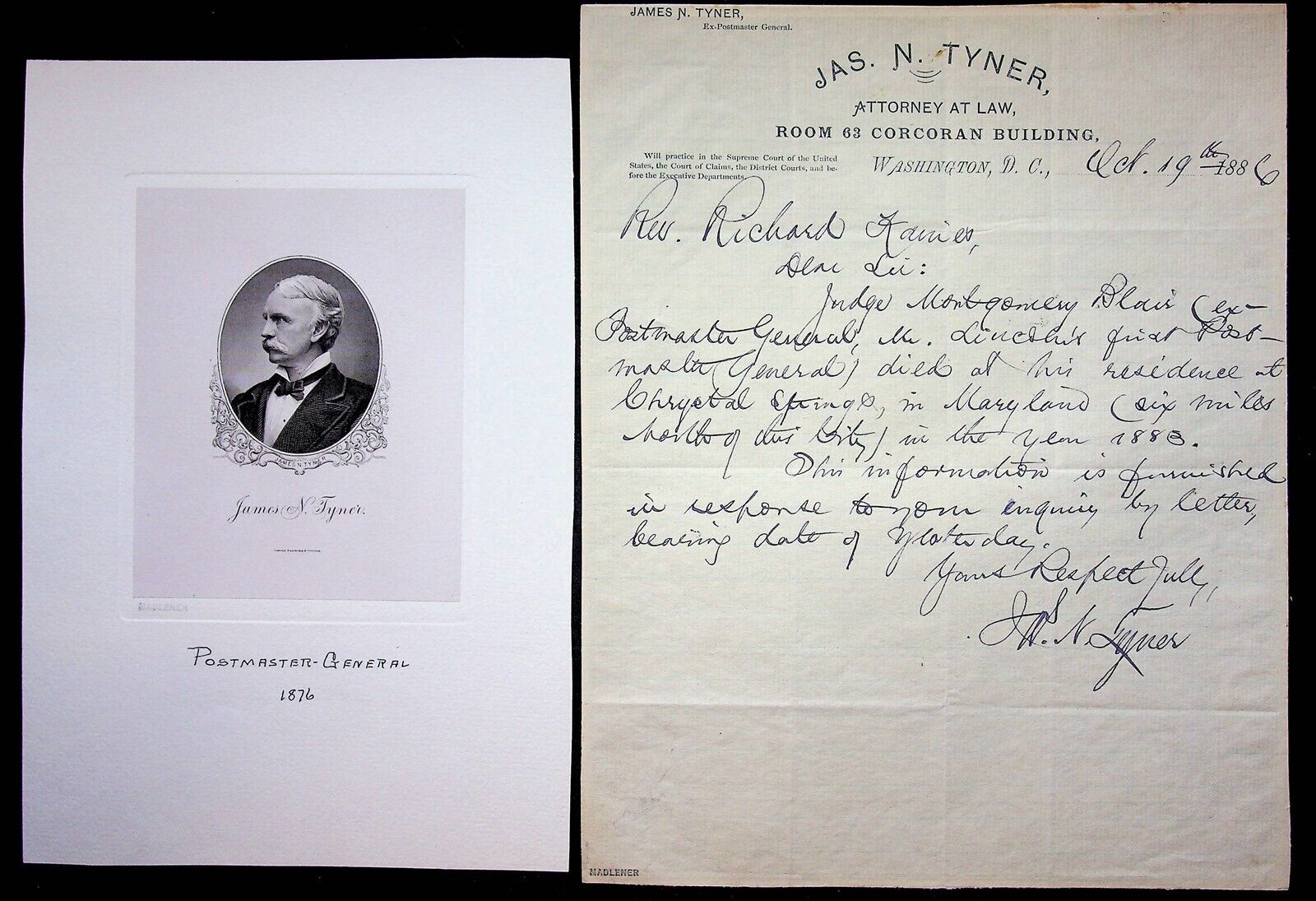 James Tyner 1876 Postmaster General Photo + Attorney Letterhead Signed 1886