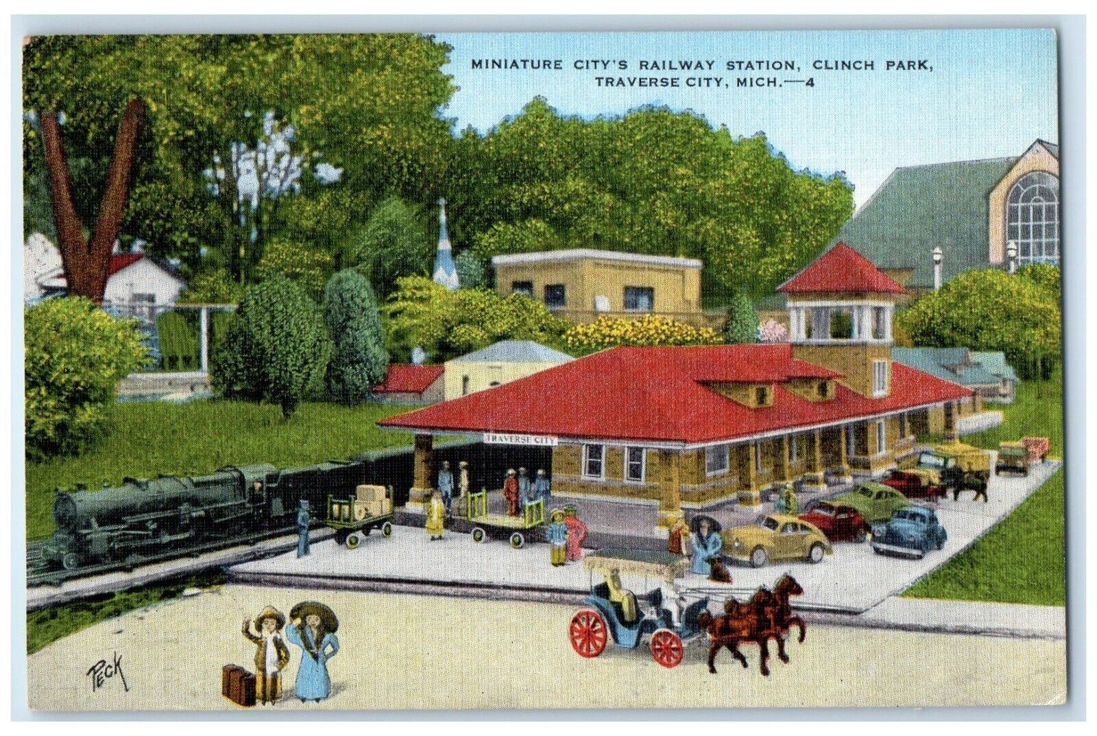 c1940 Miniature City Railway Station Clinch Park Traverse City Michigan Postcard