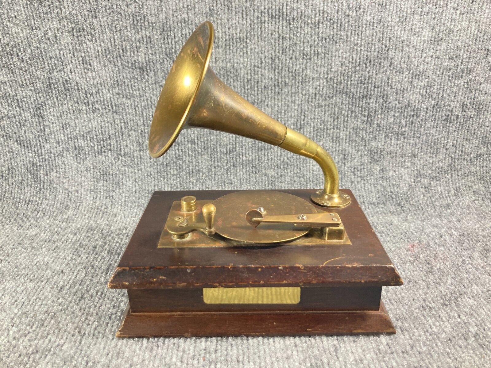 Vintage Brass Wood Gramaphone Music Box Plays 
