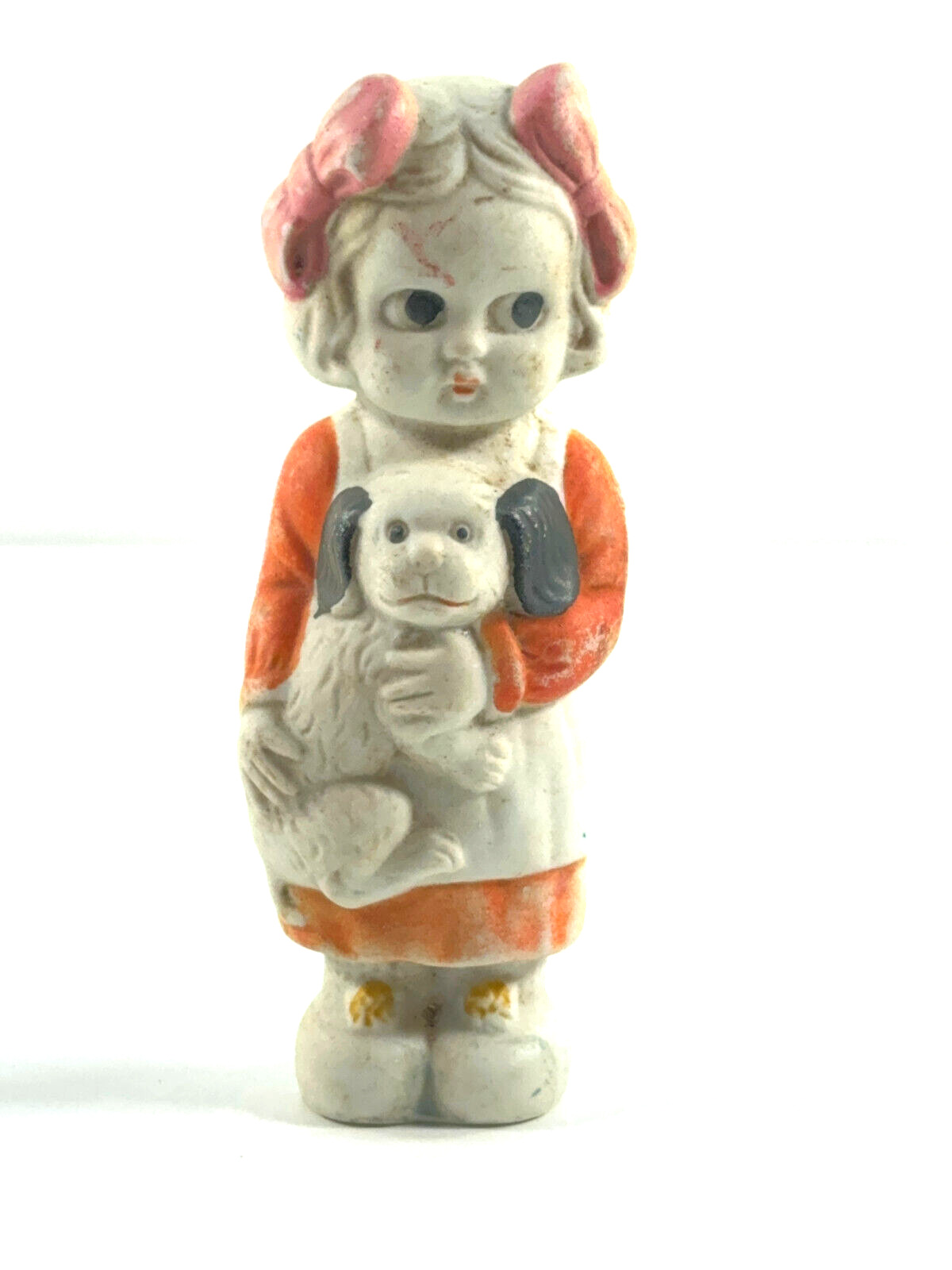 CUTE vtg Porcelain Bisque Young Girl with Puppy Dog Statue JAPAN doll