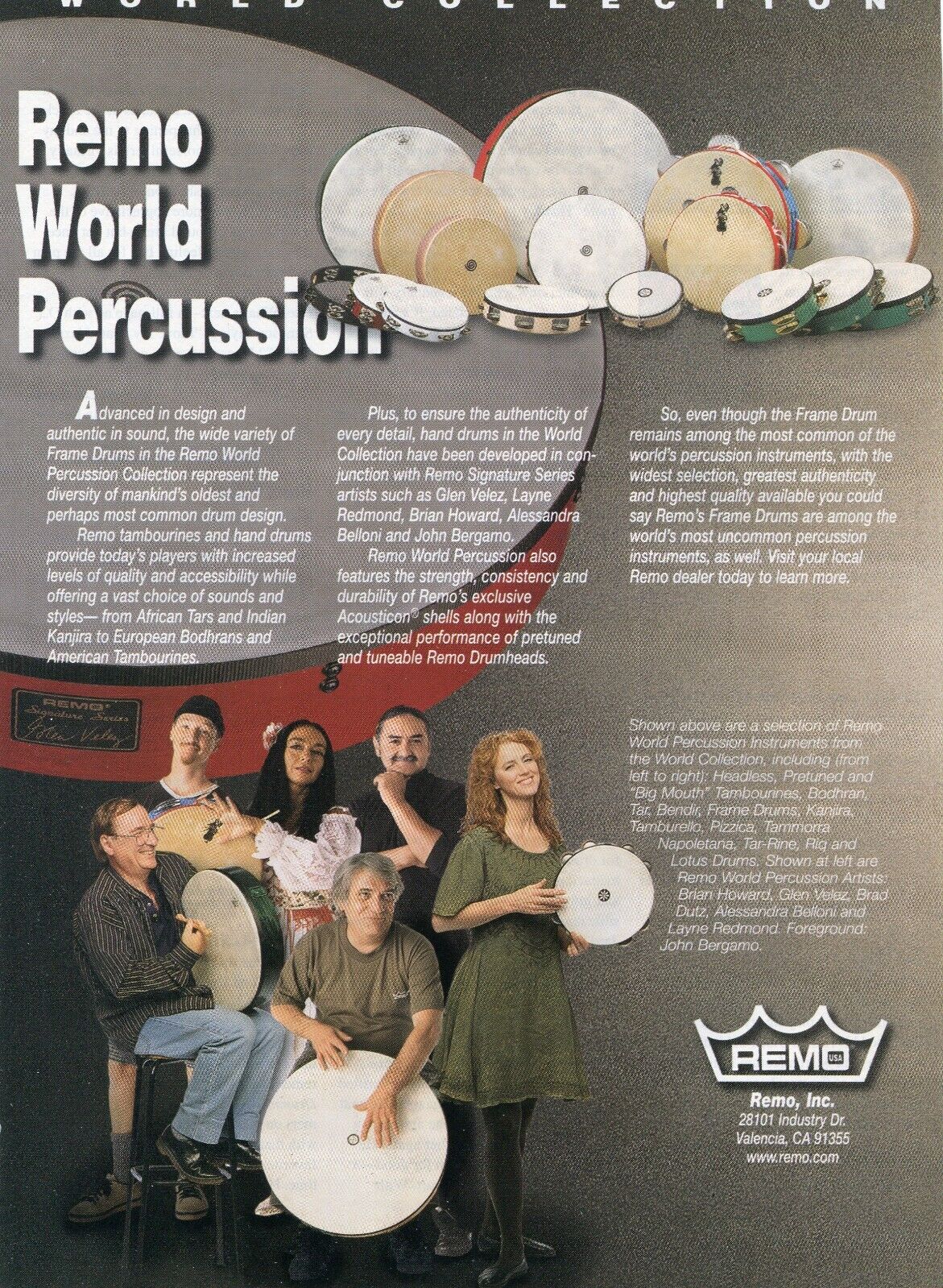 1999 Print Ad of Remo World Percussion w Brian Howard, Glen Velez, Brad Dutz