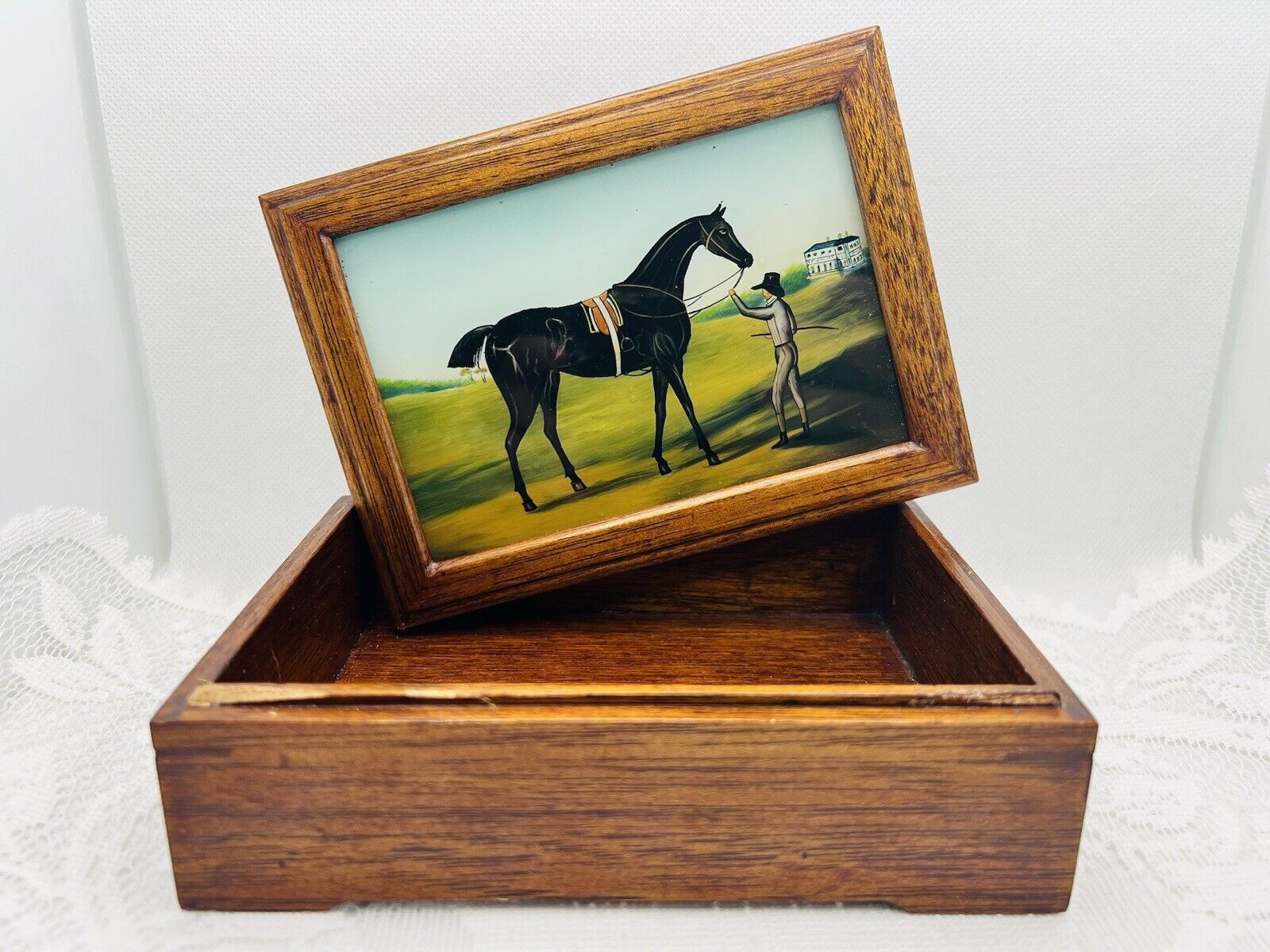 Vintage Wood Jewelry Box Lid Reverse Painted Horse Jockey Folk Art Equestrian