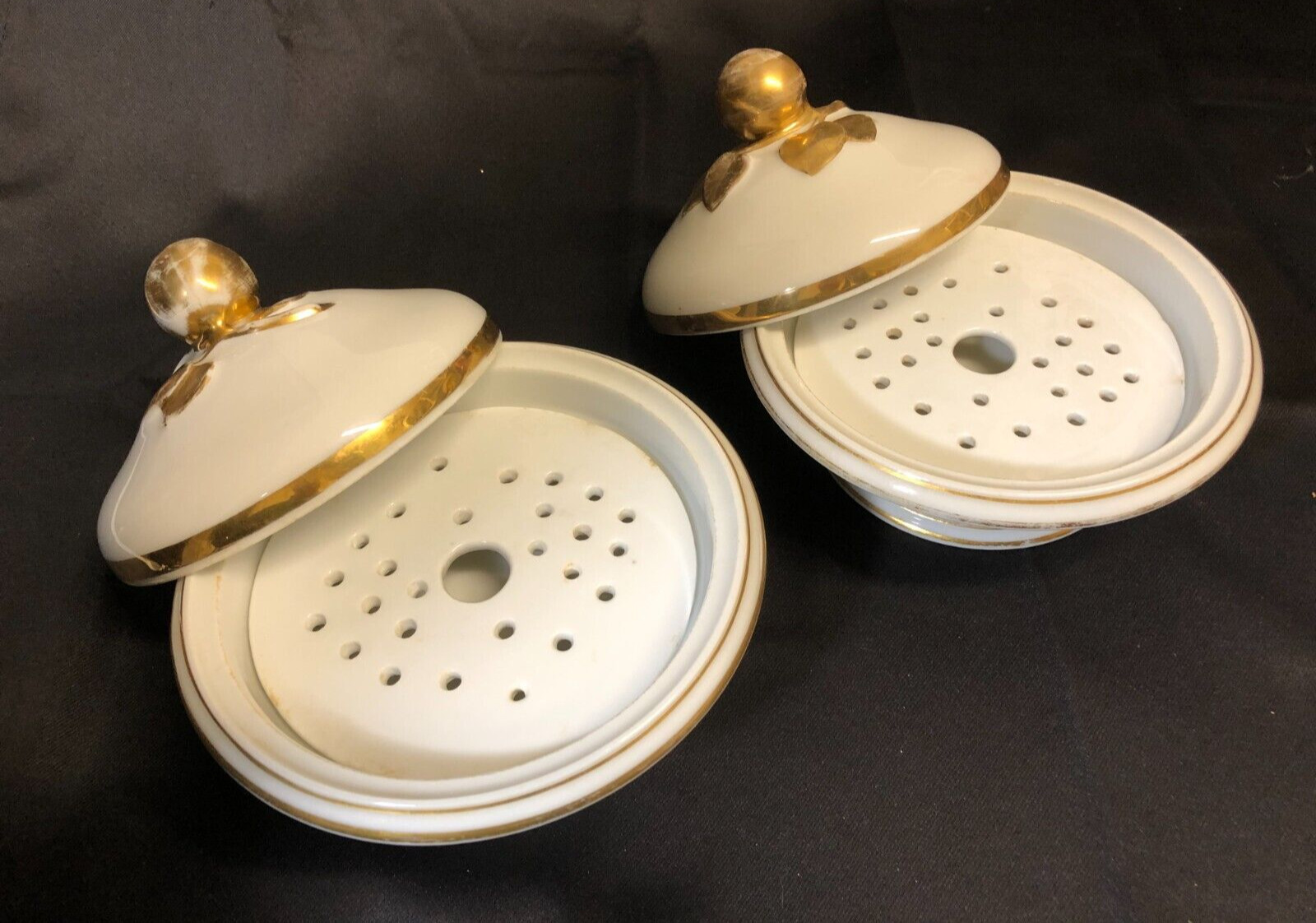 2 Antique Old Paris Porcelain Covered Butter Dishes Gold Trimmed Wedding Ring