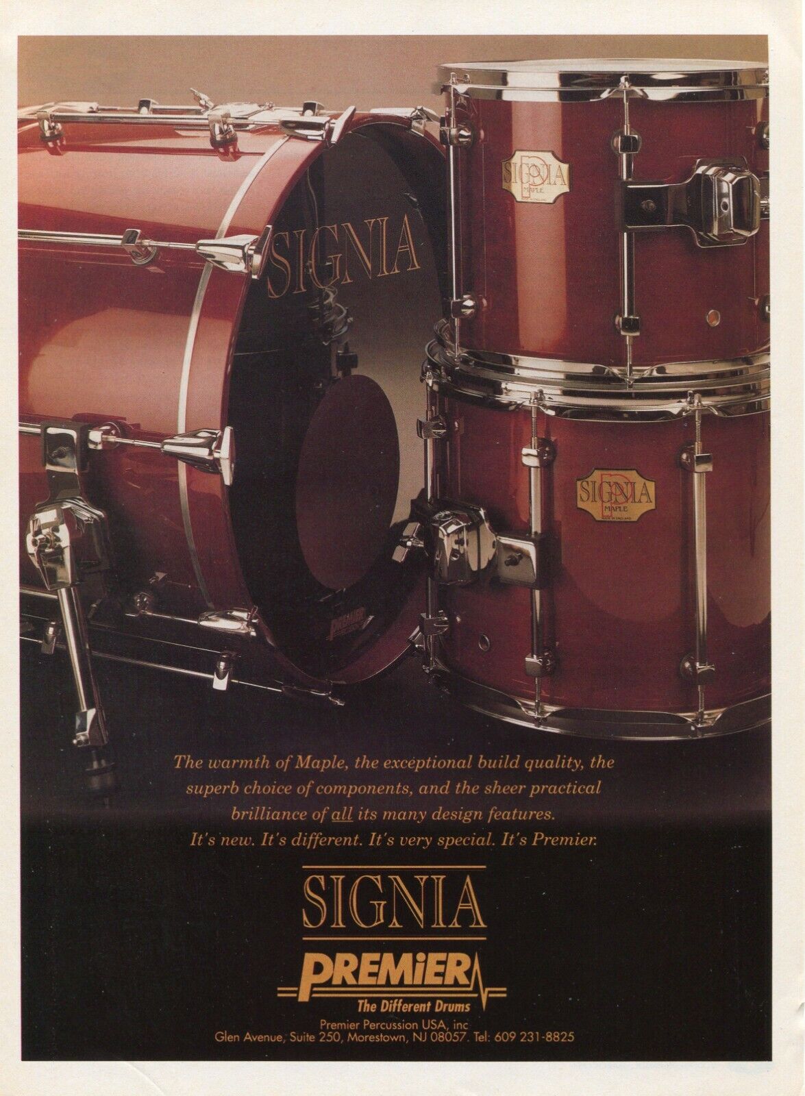 1993 Print Ad of Premier Signia Maple Drum Kit