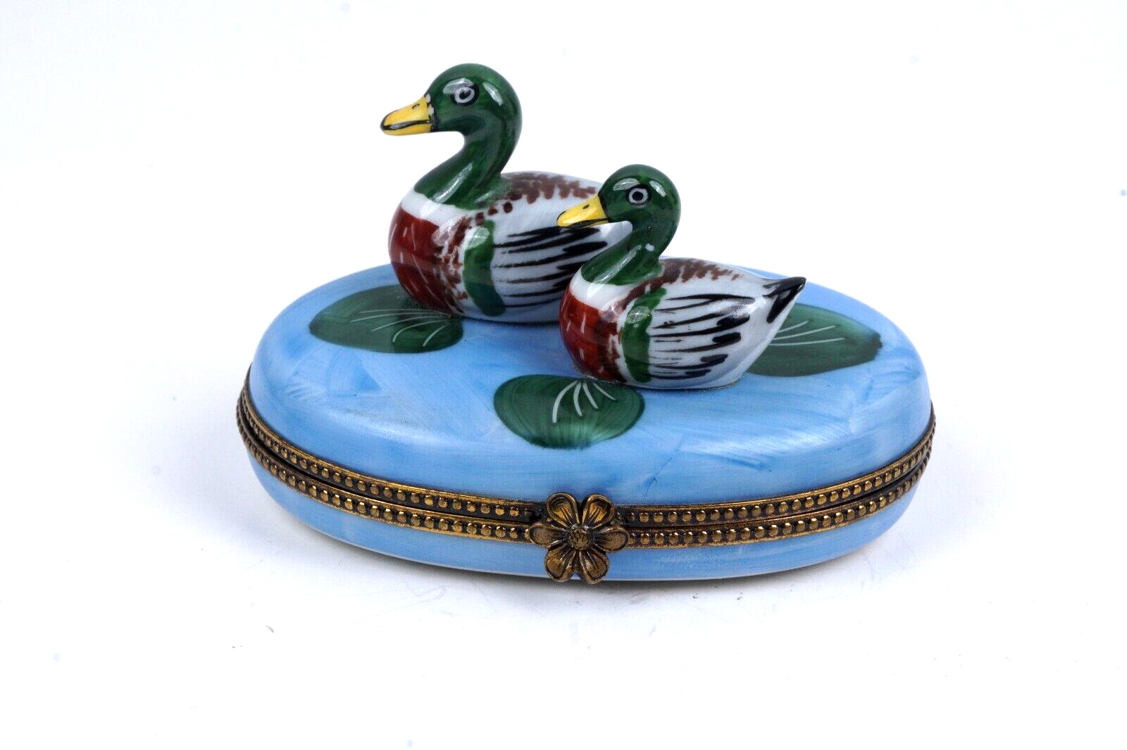 Limoges France Mallard Duck w/ Duckling Hand Painted Oval Porcelain Trinket Box