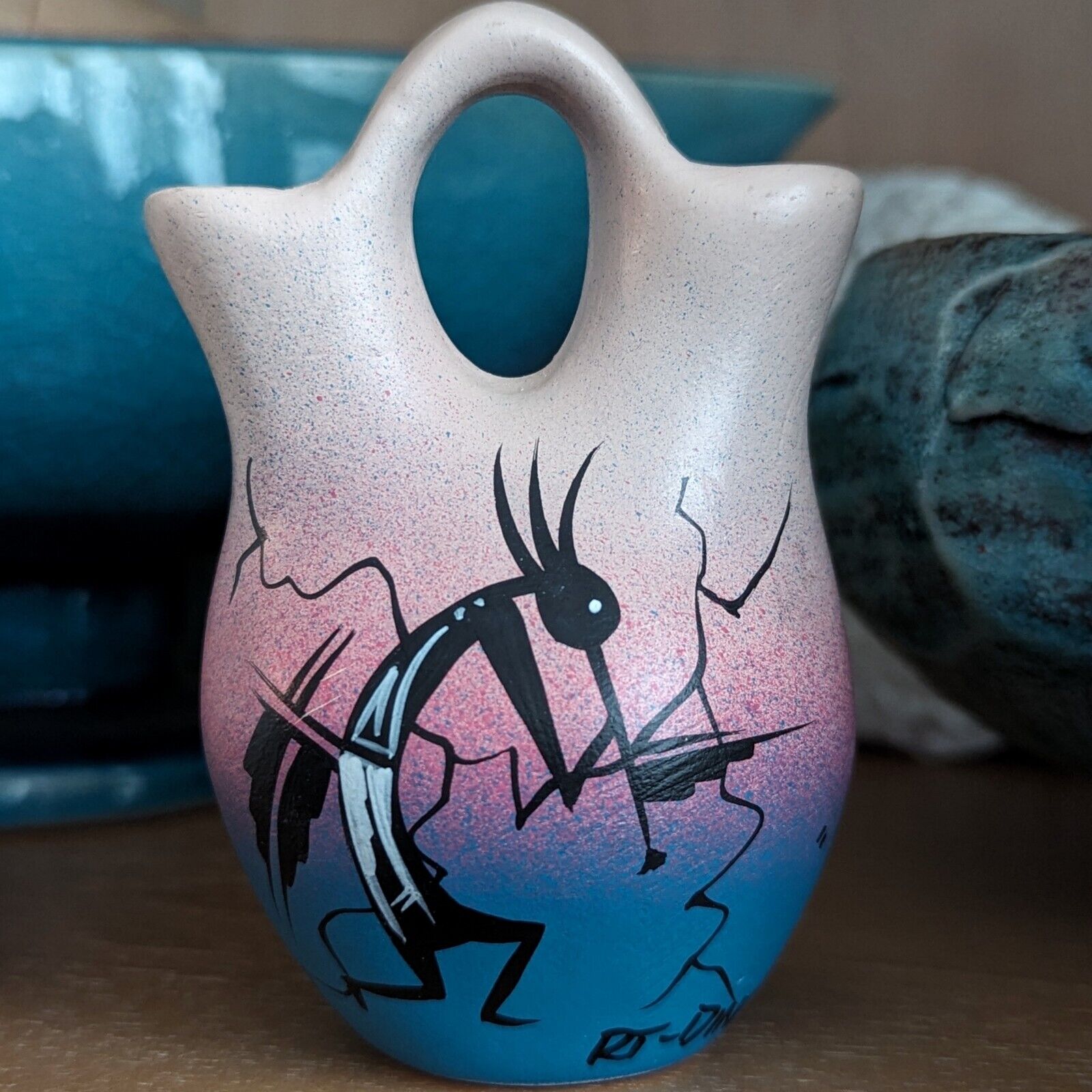 Vtg Small Navajo Native American Hand Painted Wedding Vase Signed RT Dineh Art