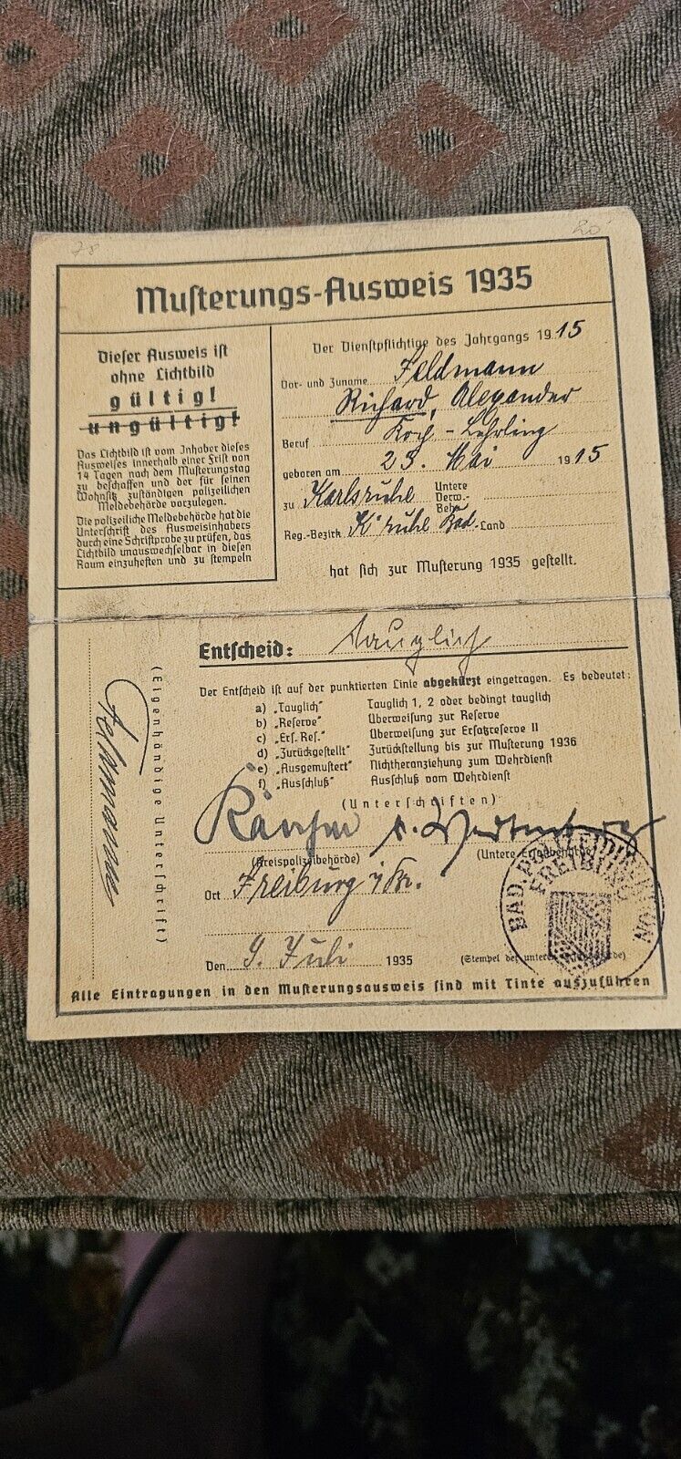 Original WW2 German 1935 Draft Notice