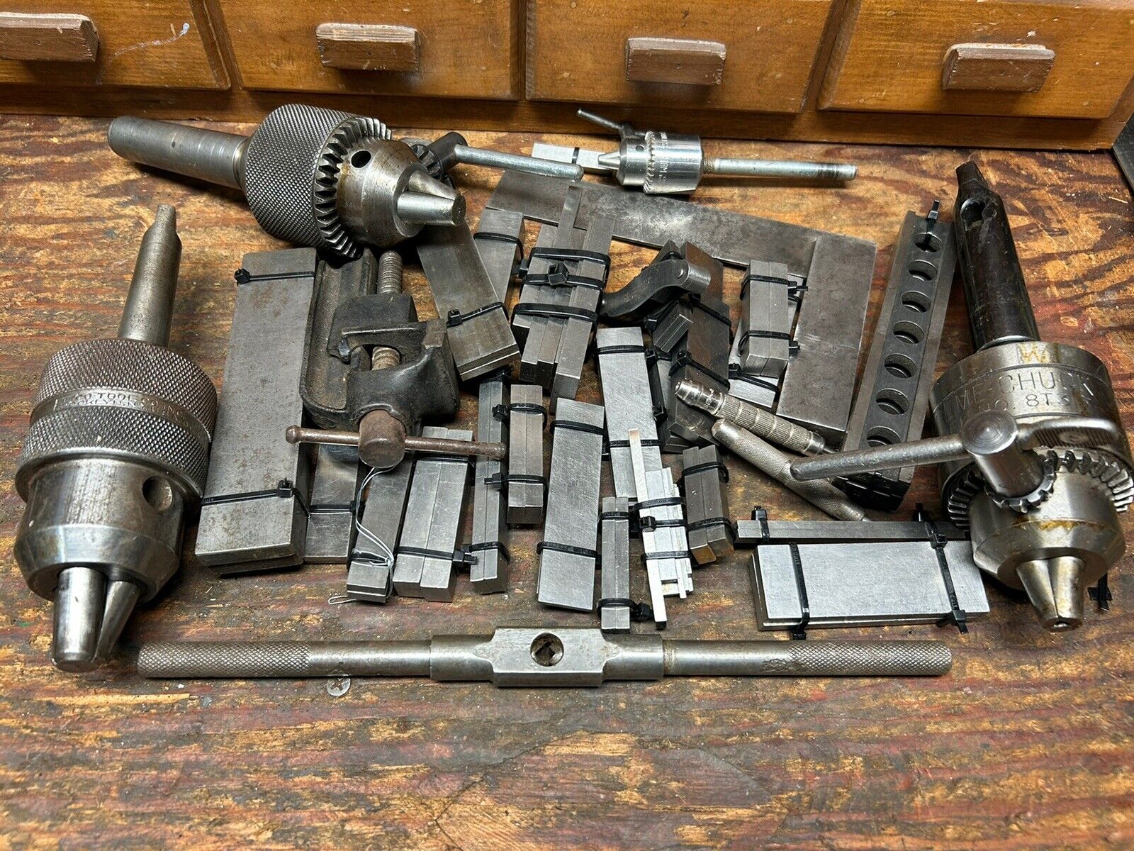 LOT OF MACHINIST TOOLS, DRILL CHUCKS, PARALLELS, & MORE. HEAVY LOT PIN