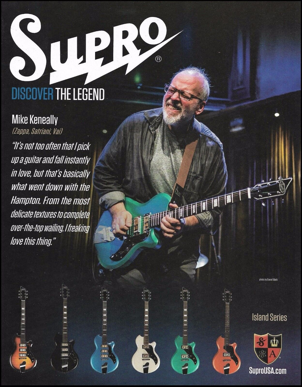 Mike Keneally 2017 Supro Hampton Island Series Guitars ad 8 x 11 advertisement