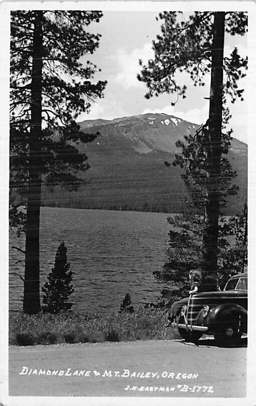 Postcard OR: RPPC Diamond Lake, Mt. Bailey, Oregon, Posted 1949, Lady on Old Car