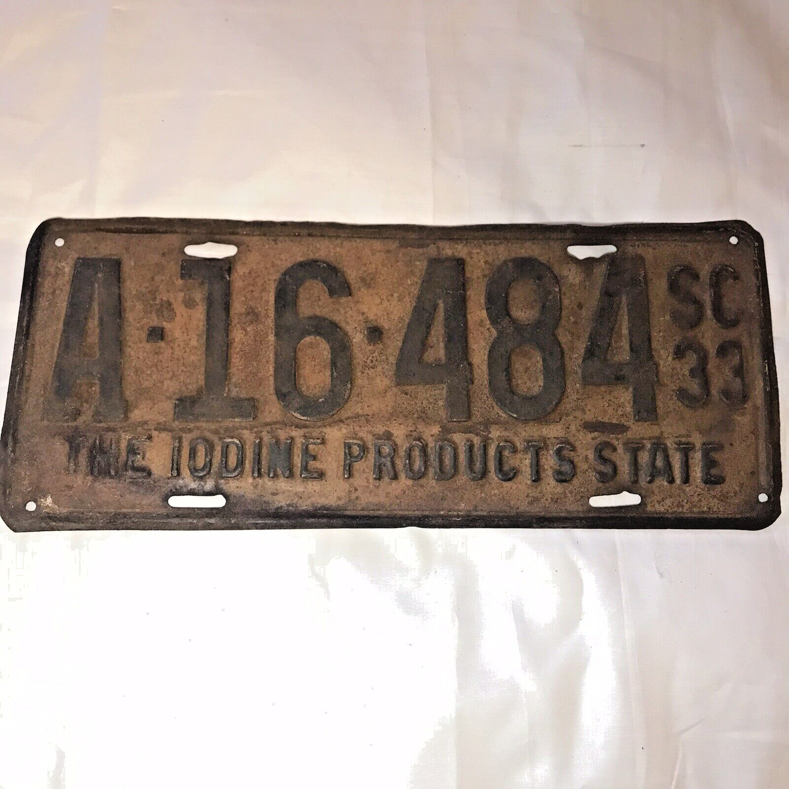 License Plate Tag 1933 The Iodine Products State South Caroline SC Rusty Rustic