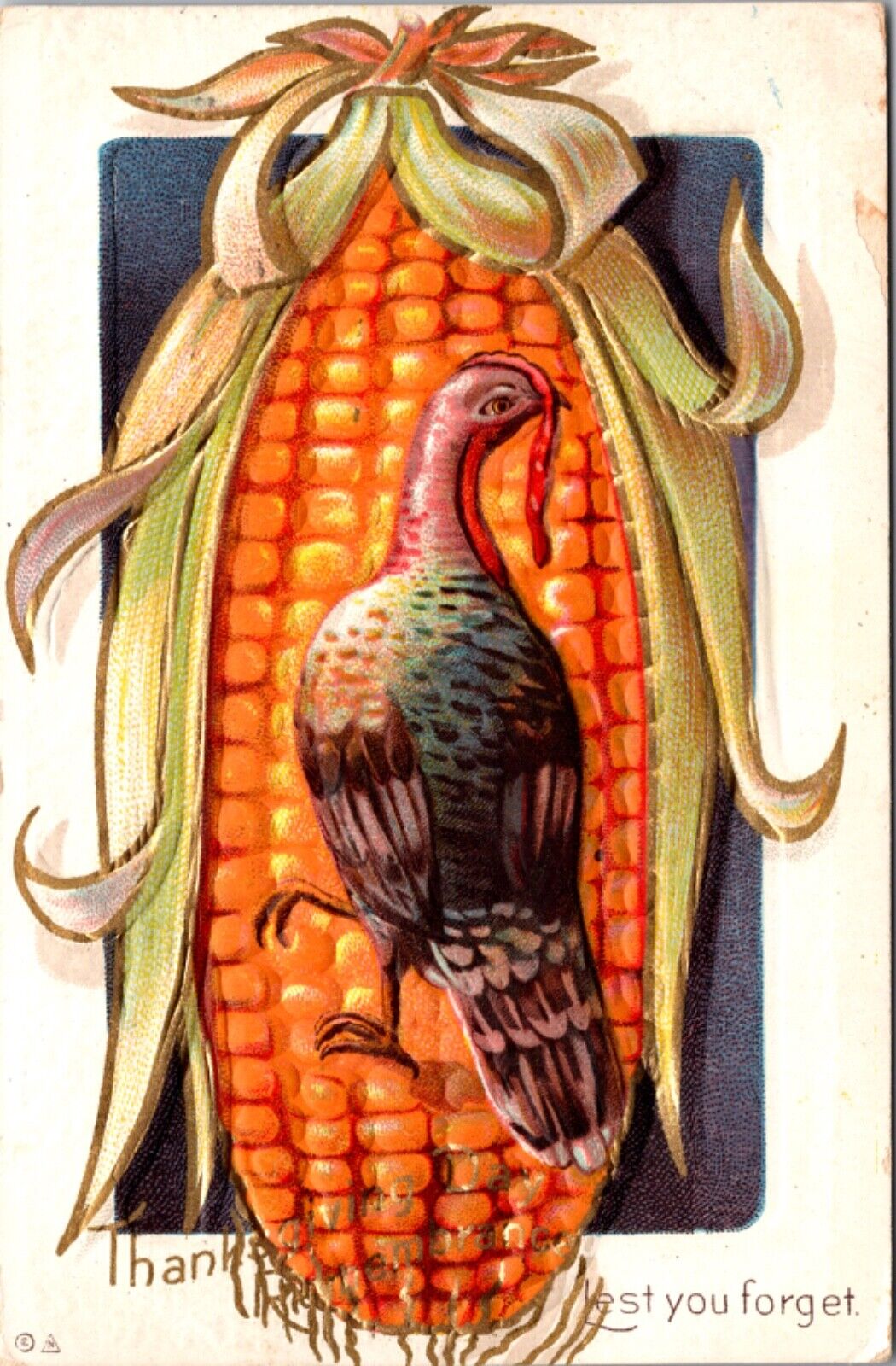Thanksgiving Postcard Giant Ear of Corn and Turkey