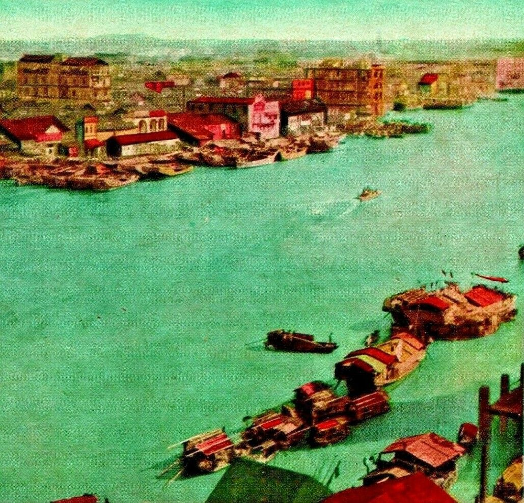 China Pearl River Aerial View Boats Birds UNP 1910s Vtg Postcard