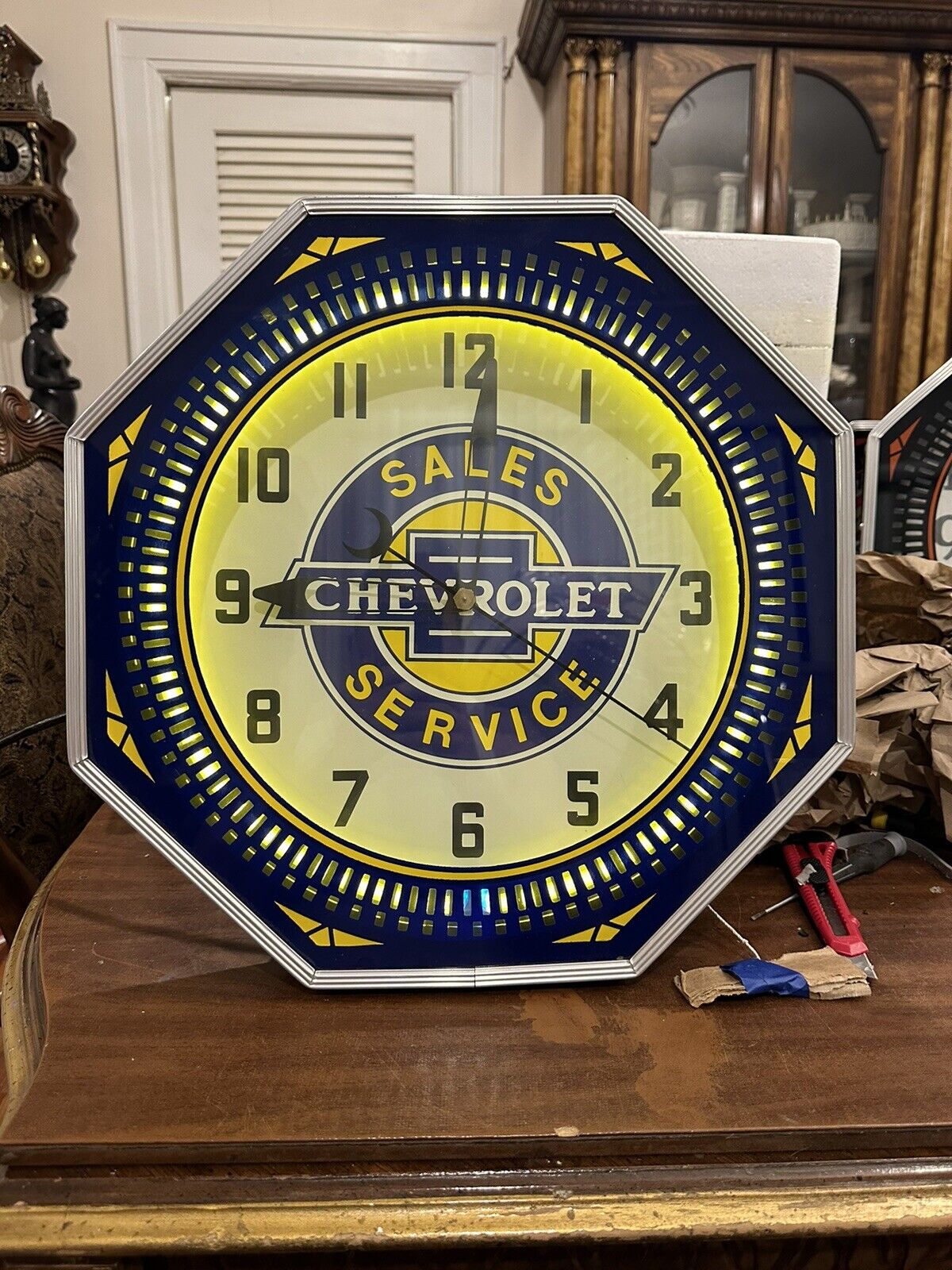Neon Spinner Clock Chevrolet Sales Service Octagon 18\