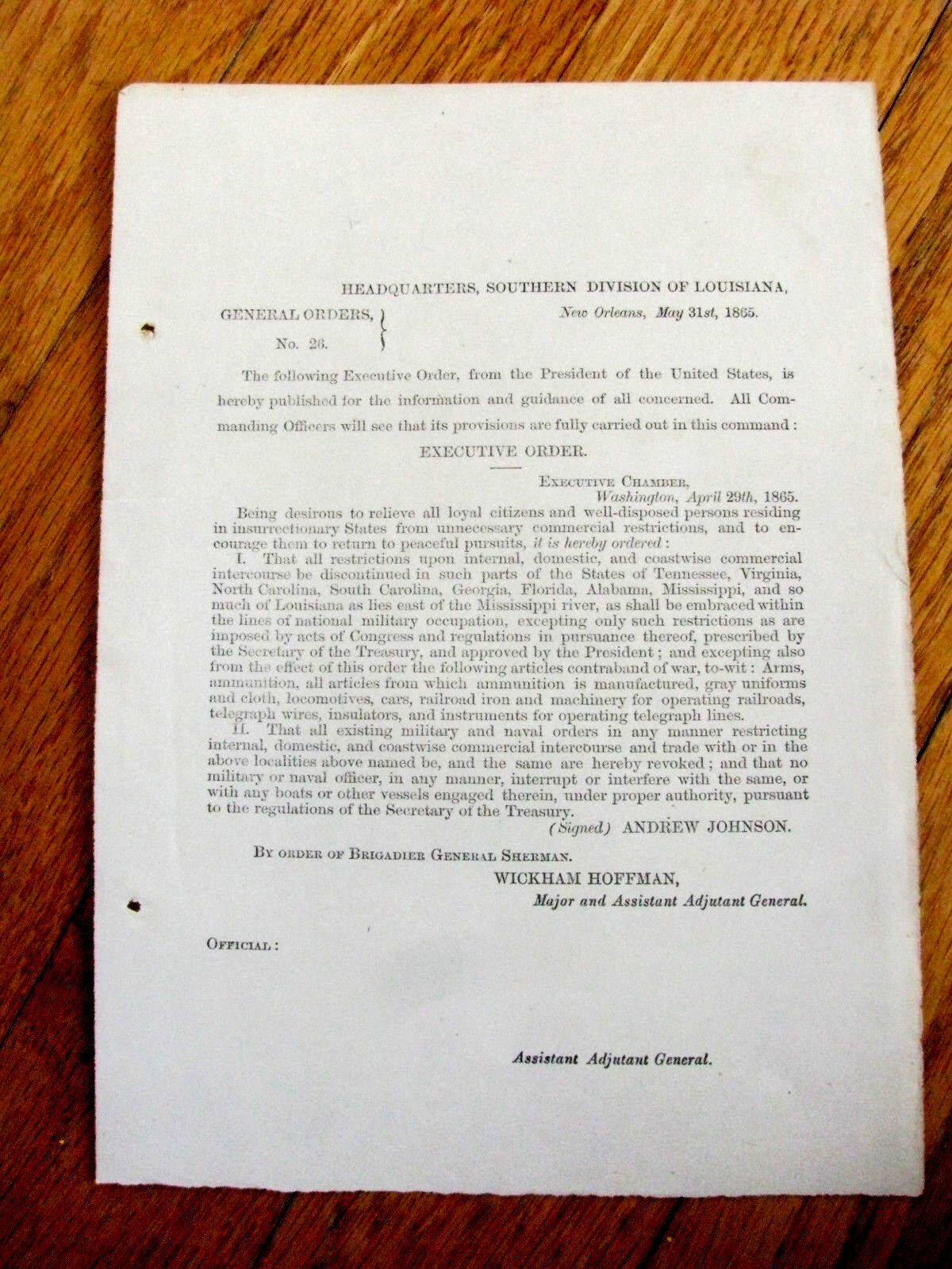 CIVIL WAR PRESIDENT ANDREW JOHNSON PROCLAMATION ORDER 1865
