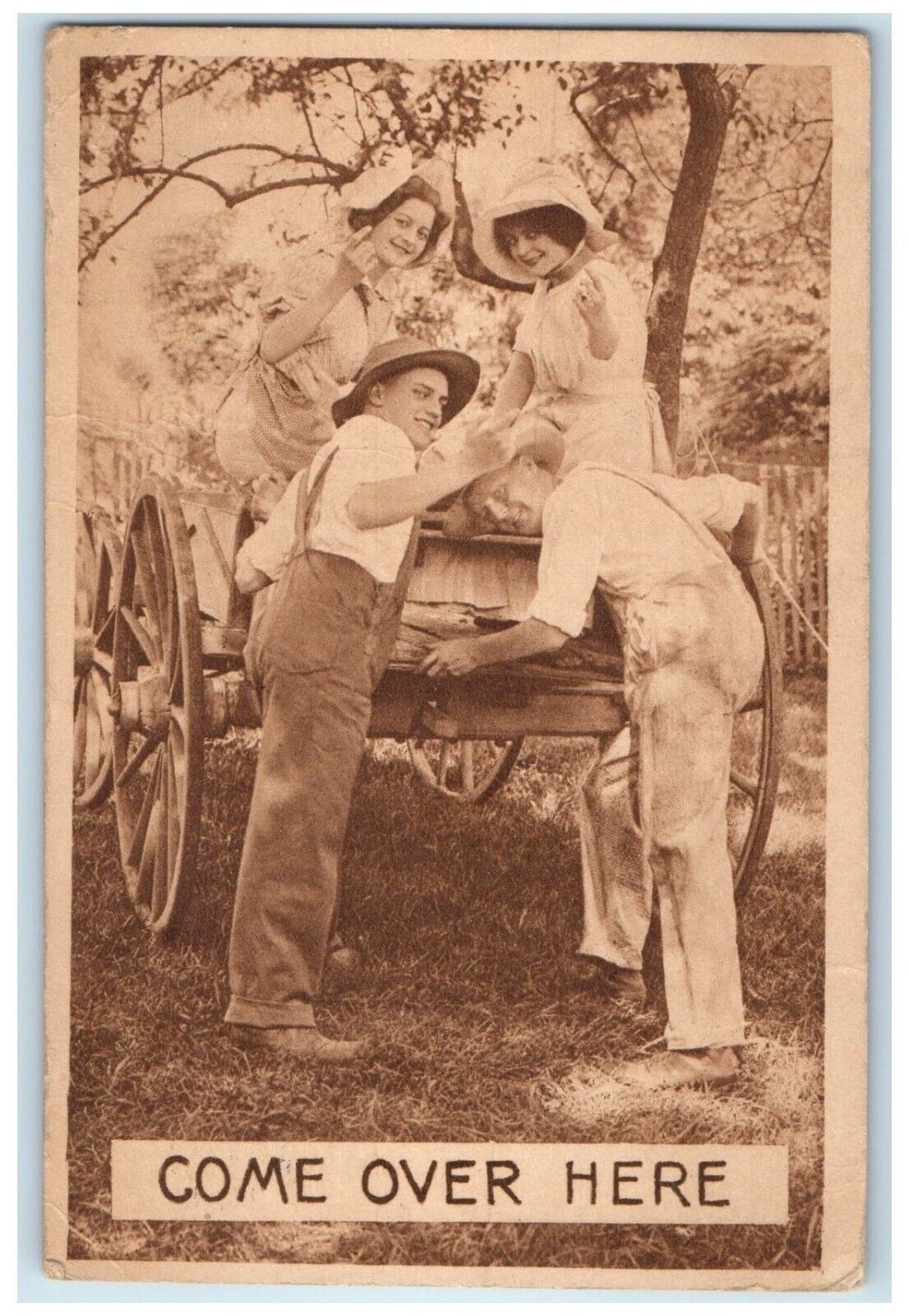 1912 Girls Boys Wagon Come Over Here Buffalo Lake Minnesota MN Antique Postcard