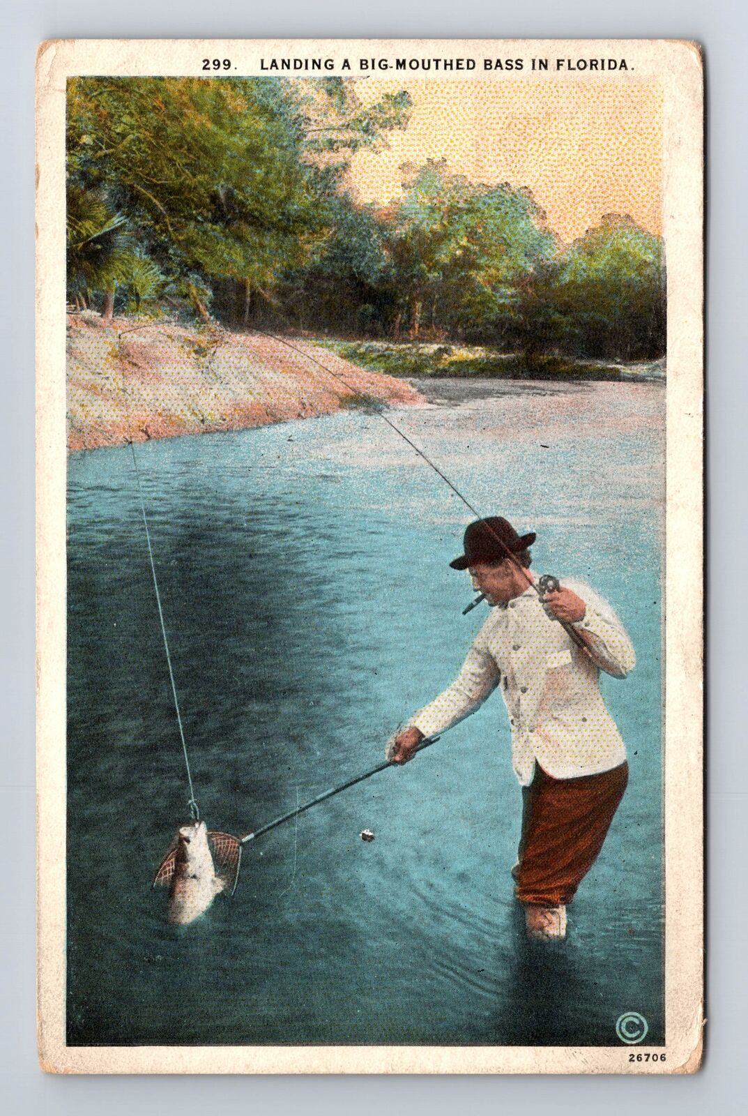 FL-Florida, Fishing in River and Landing a Big Fish, Antique Vintage Postcard